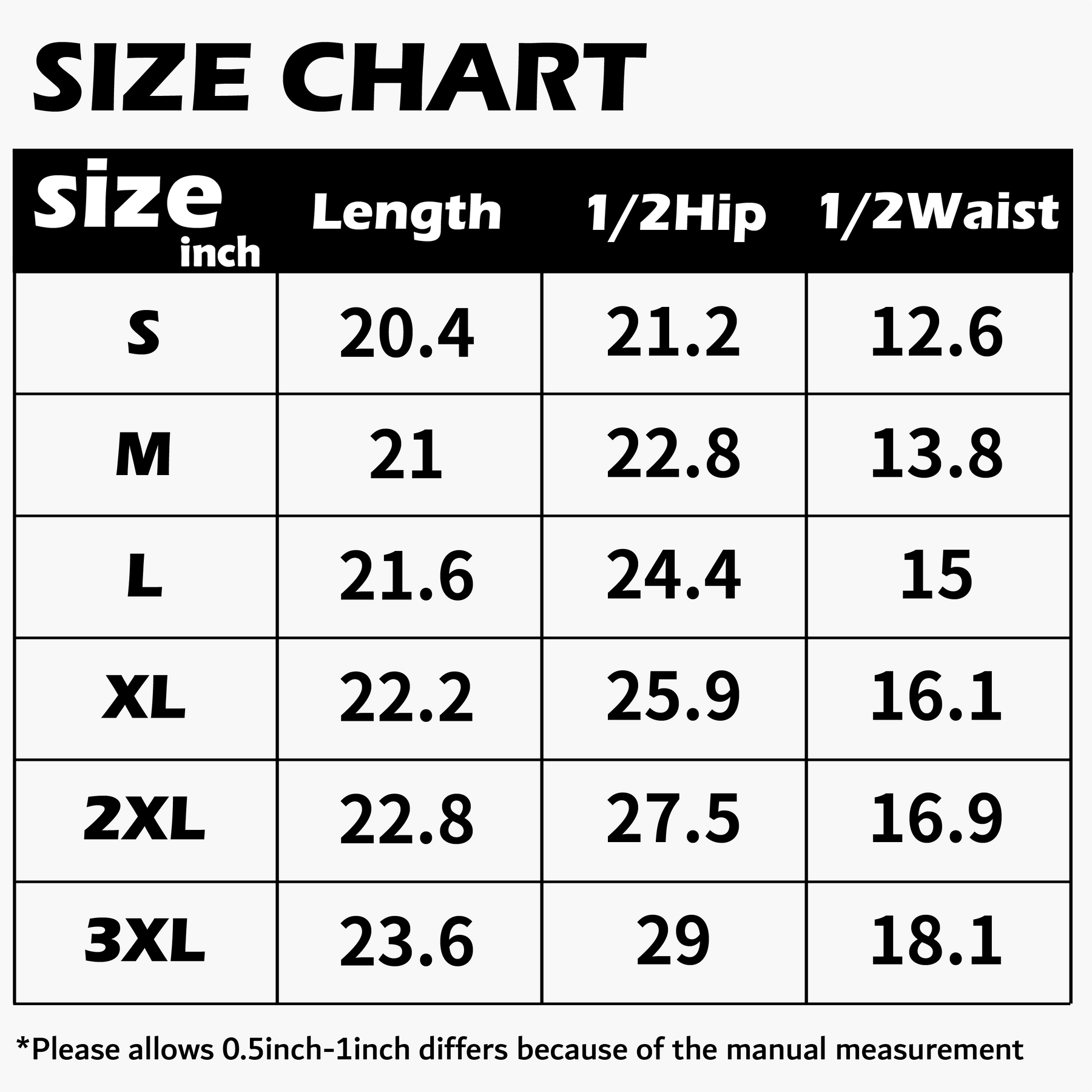 Size chart for men's personalized hockey game day shorts, showing S to 3XL length, hip, and waist measurements in inches