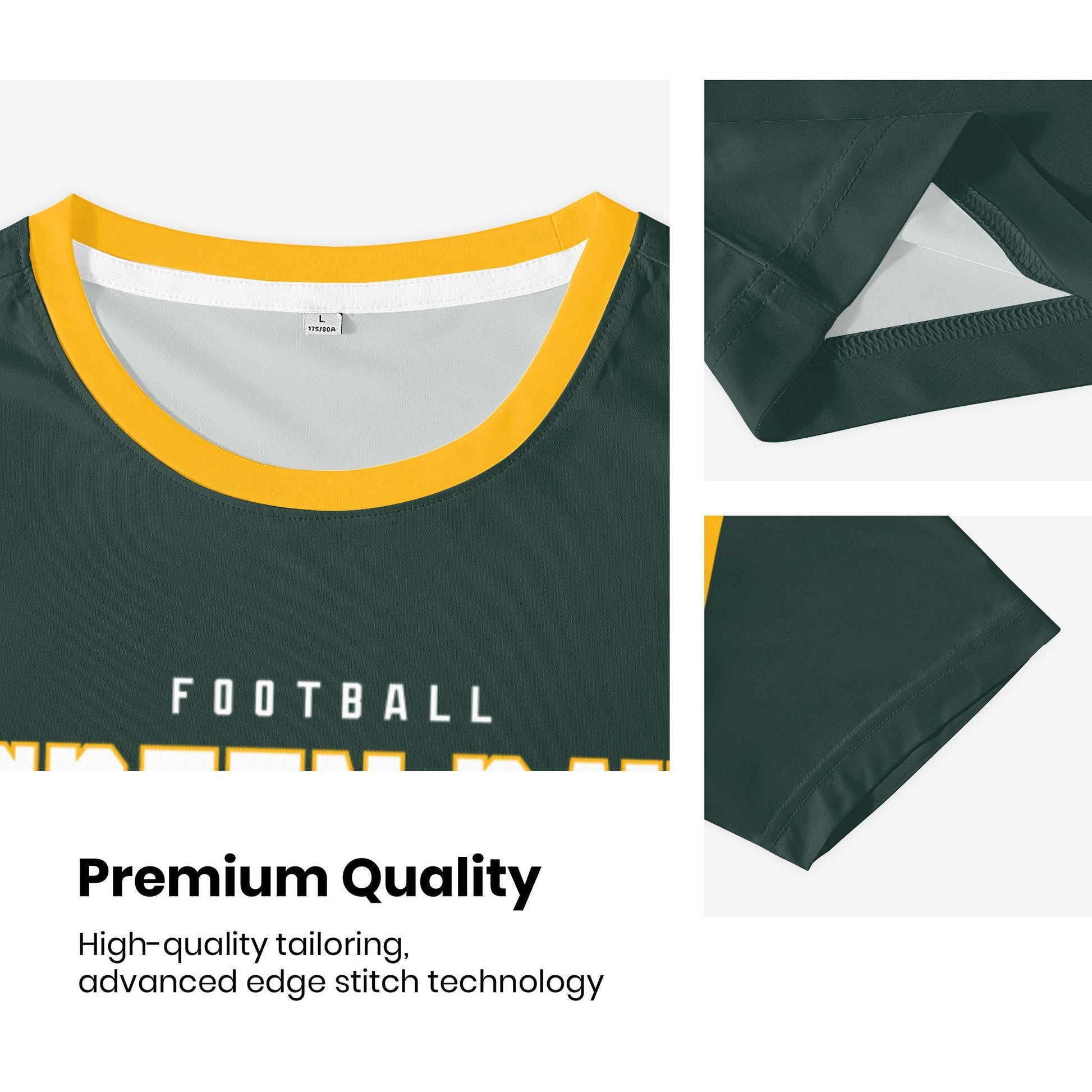Green Bay football style T-shirt premium stitching and neckline detail with soft fabric finish