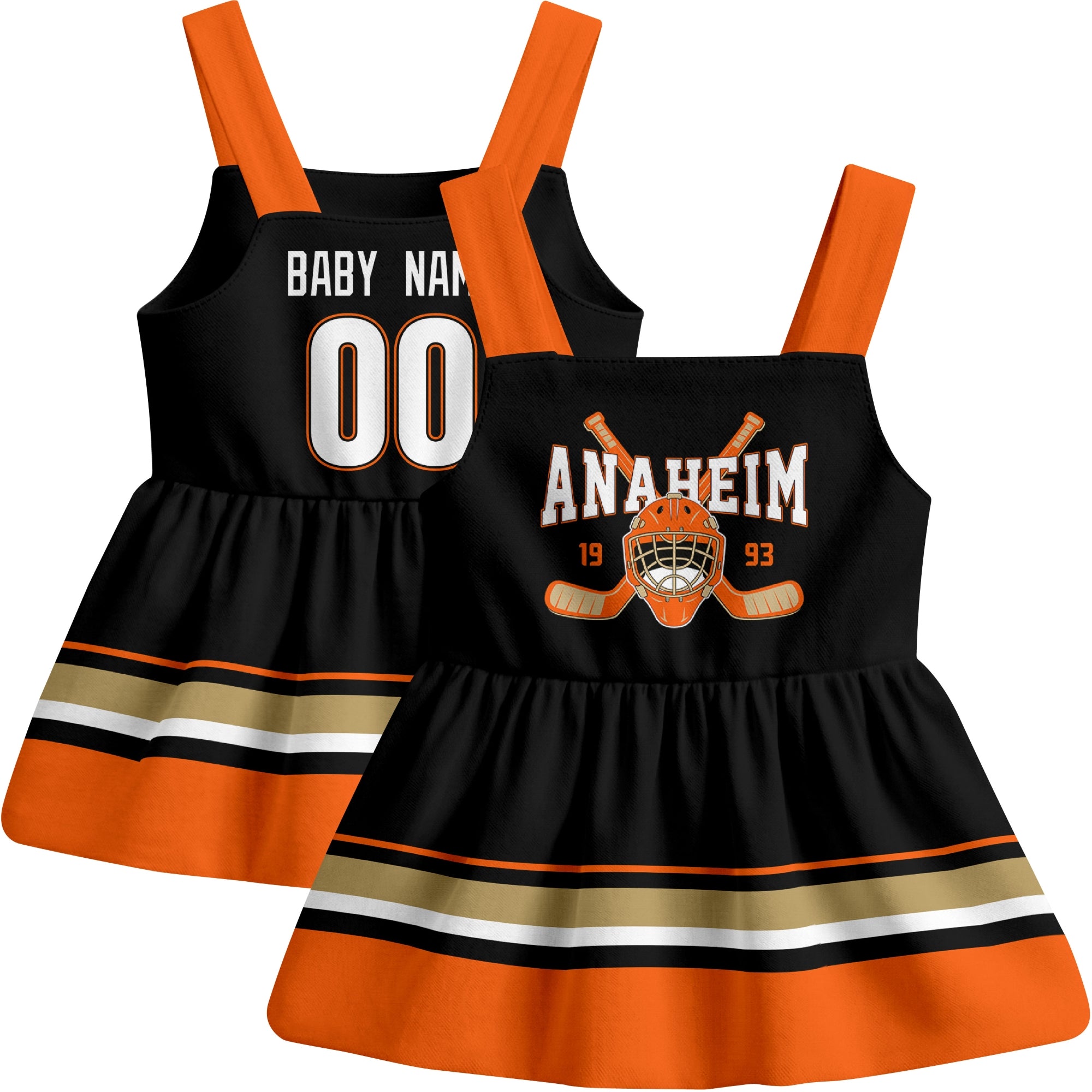 Anaheim hockey baby suspender dress Black style front and back view