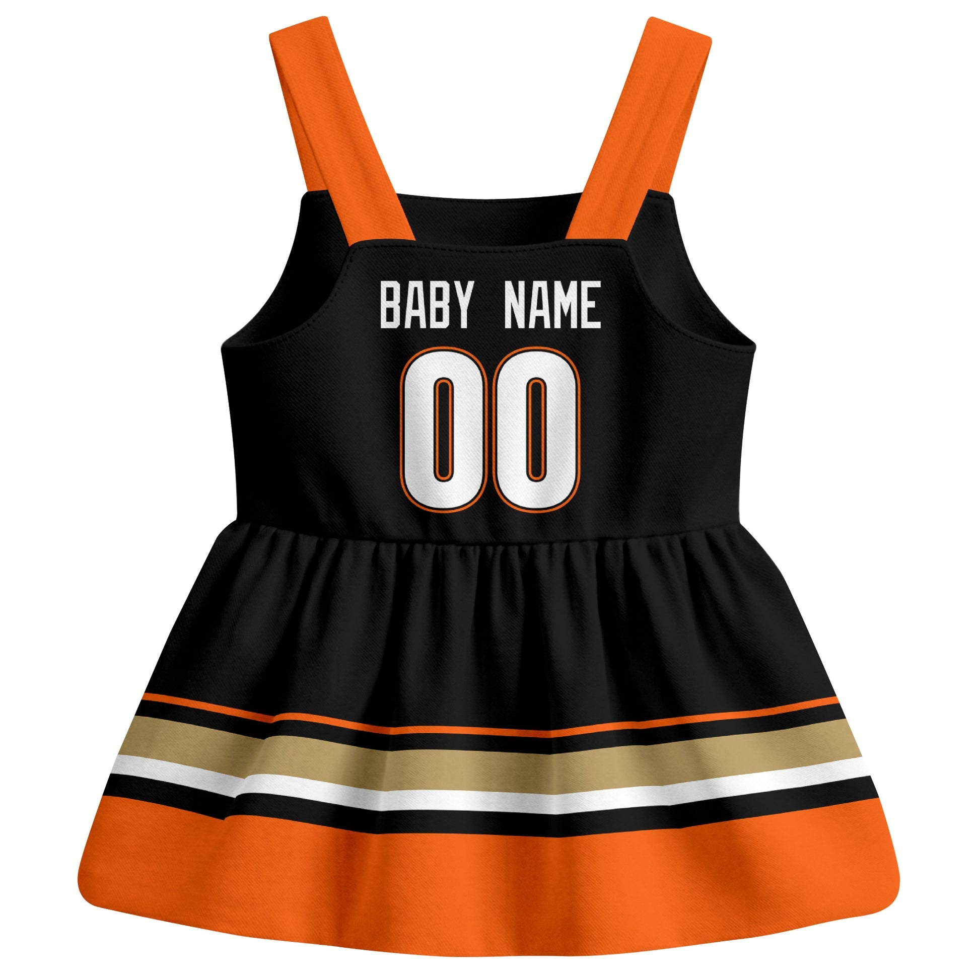 Anaheim hockey baby suspender dress Black style back view with custom baby name and number