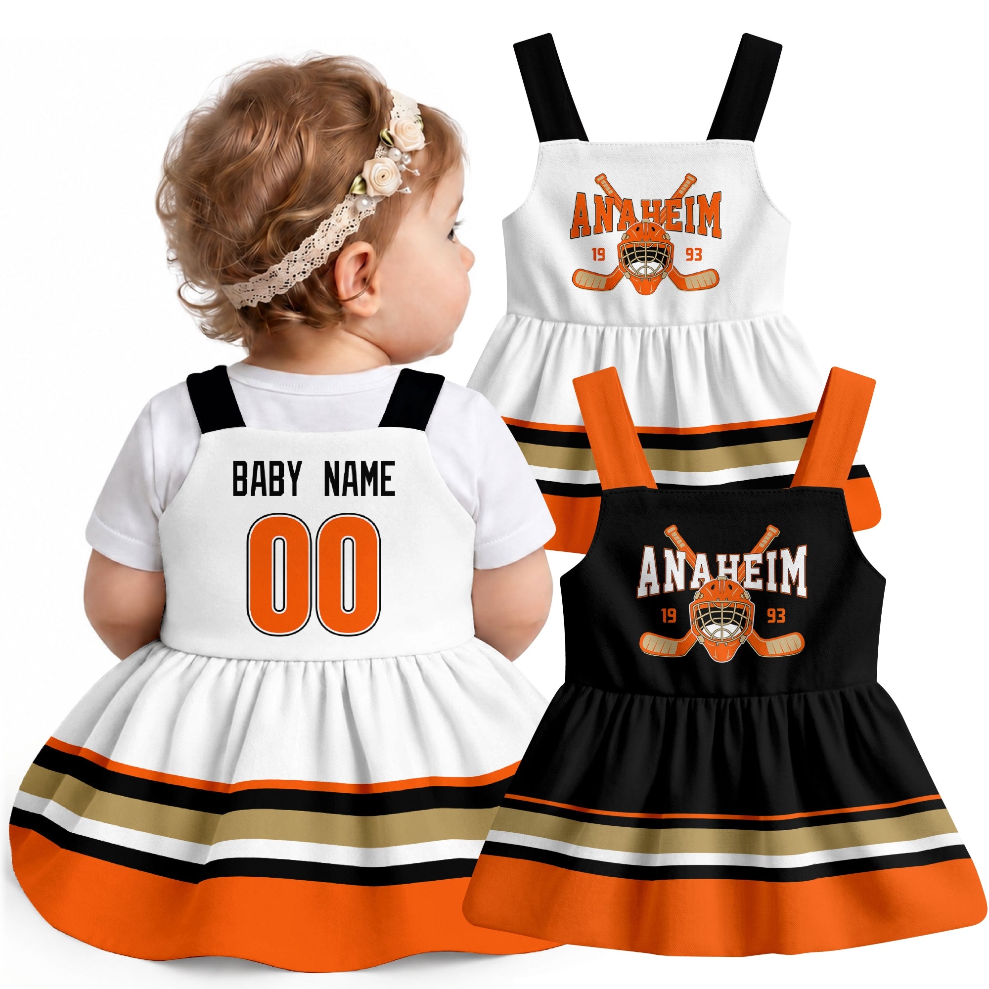 Personalized Anaheim hockey baby suspender dress shown on baby with Black and White city-color styles