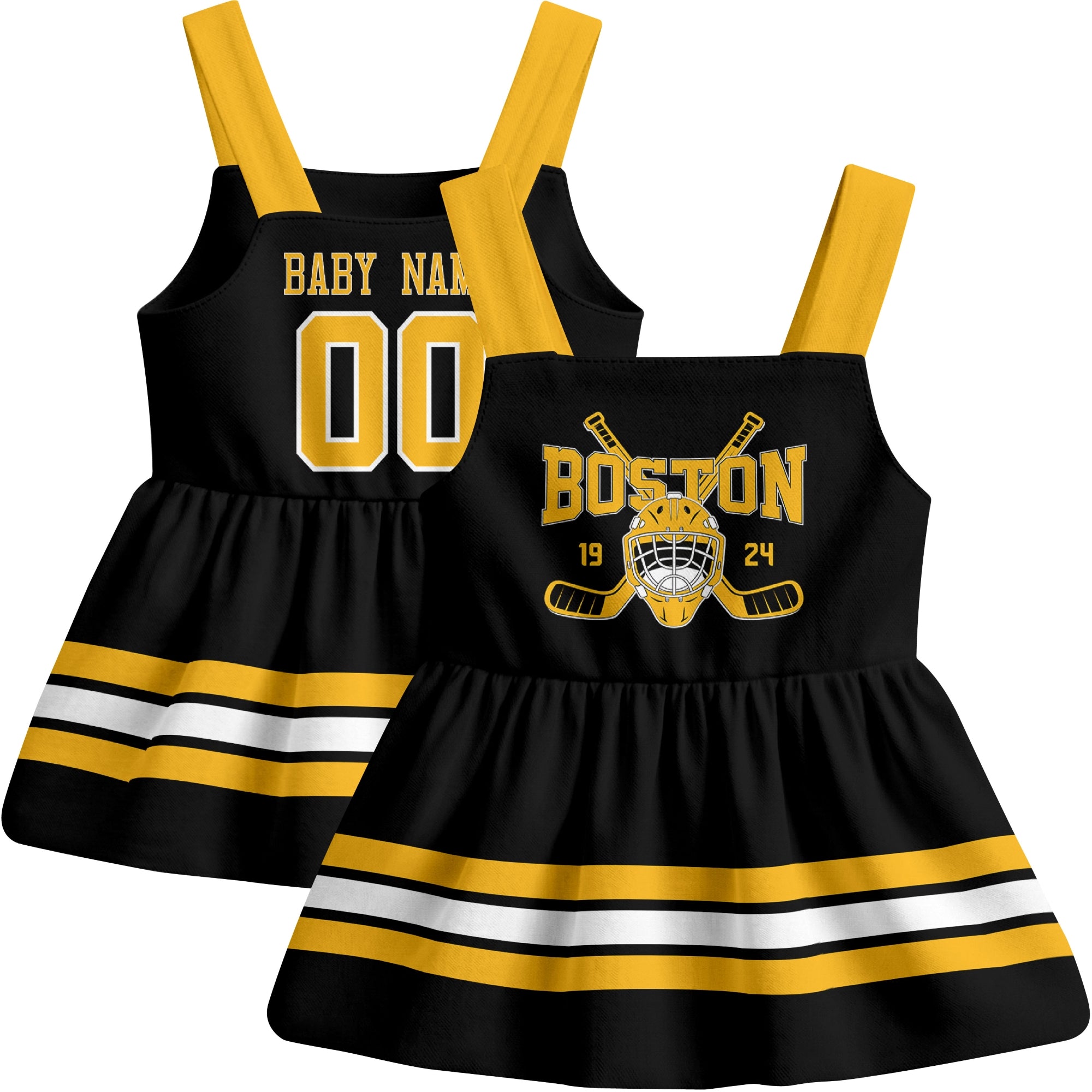 Boston hockey baby suspender dress Black style front and back view