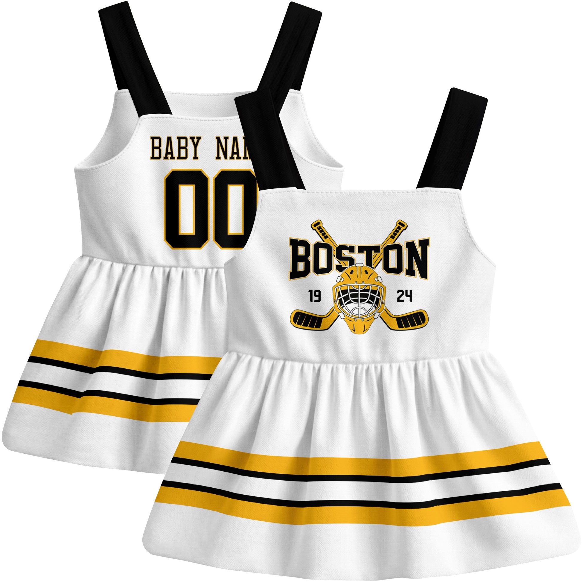 Boston hockey baby suspender dress White style front and back view