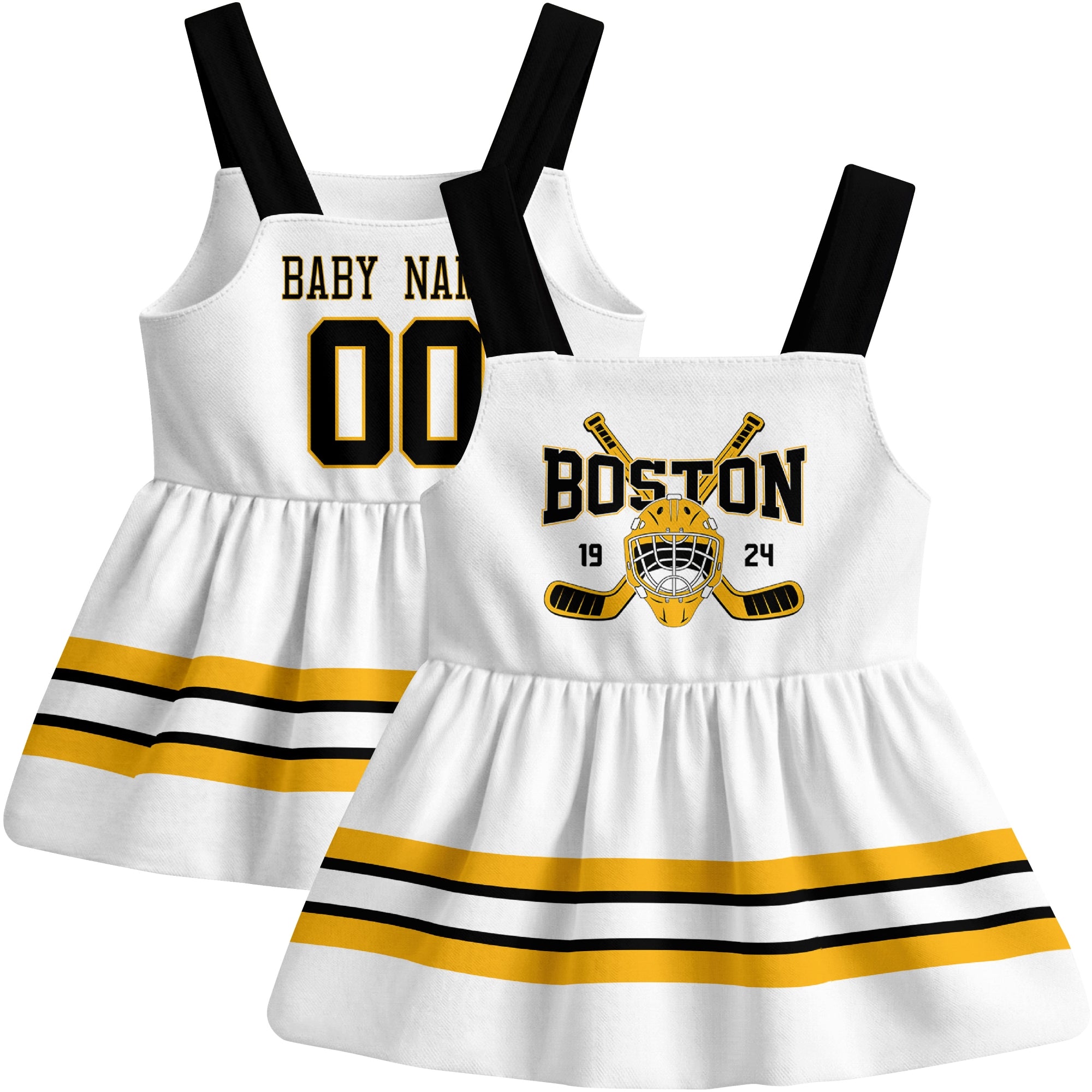 Boston hockey baby suspender dress White style front and back view