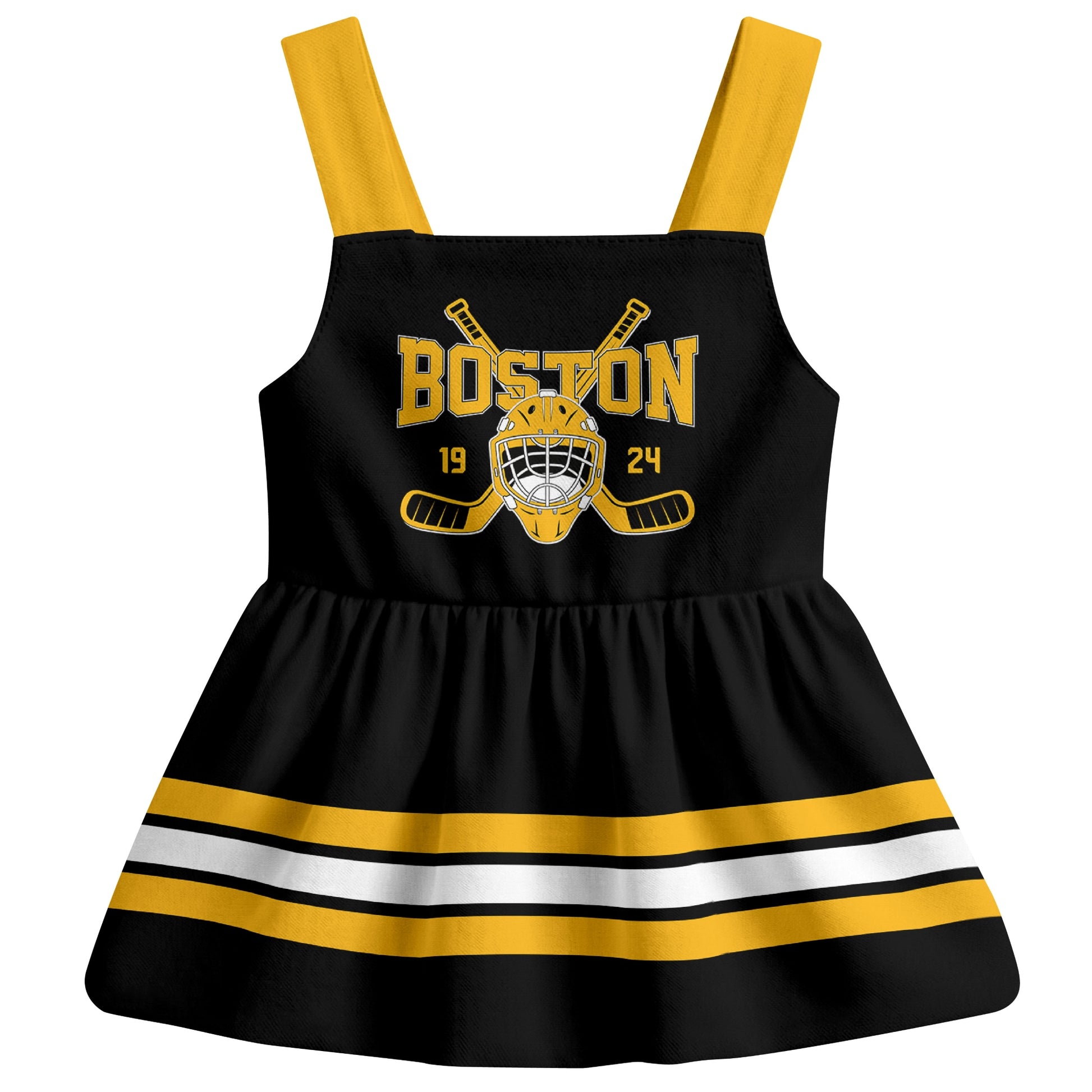 Boston hockey baby suspender dress Black style front view
