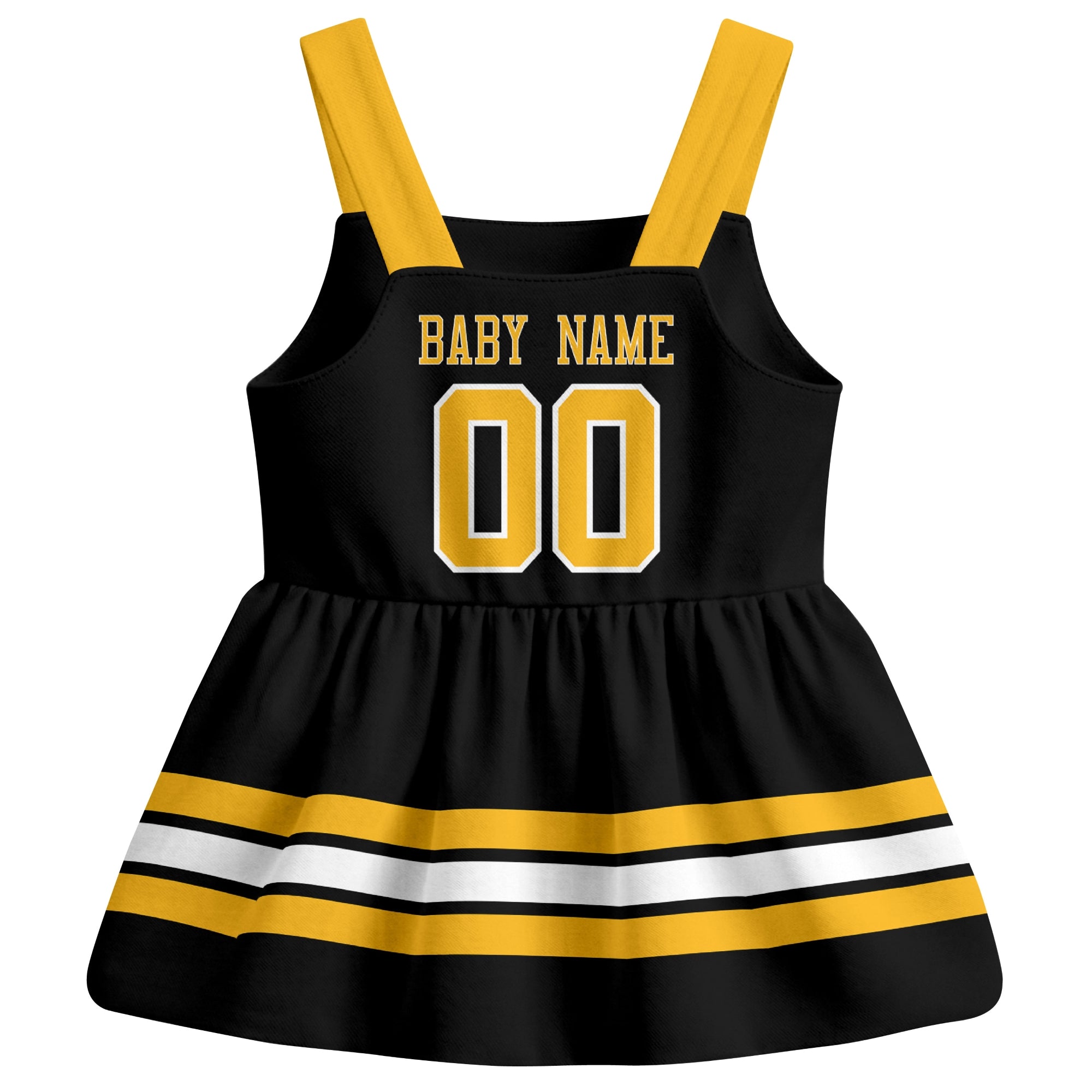 Boston hockey baby suspender dress Black style back view with custom baby name and number