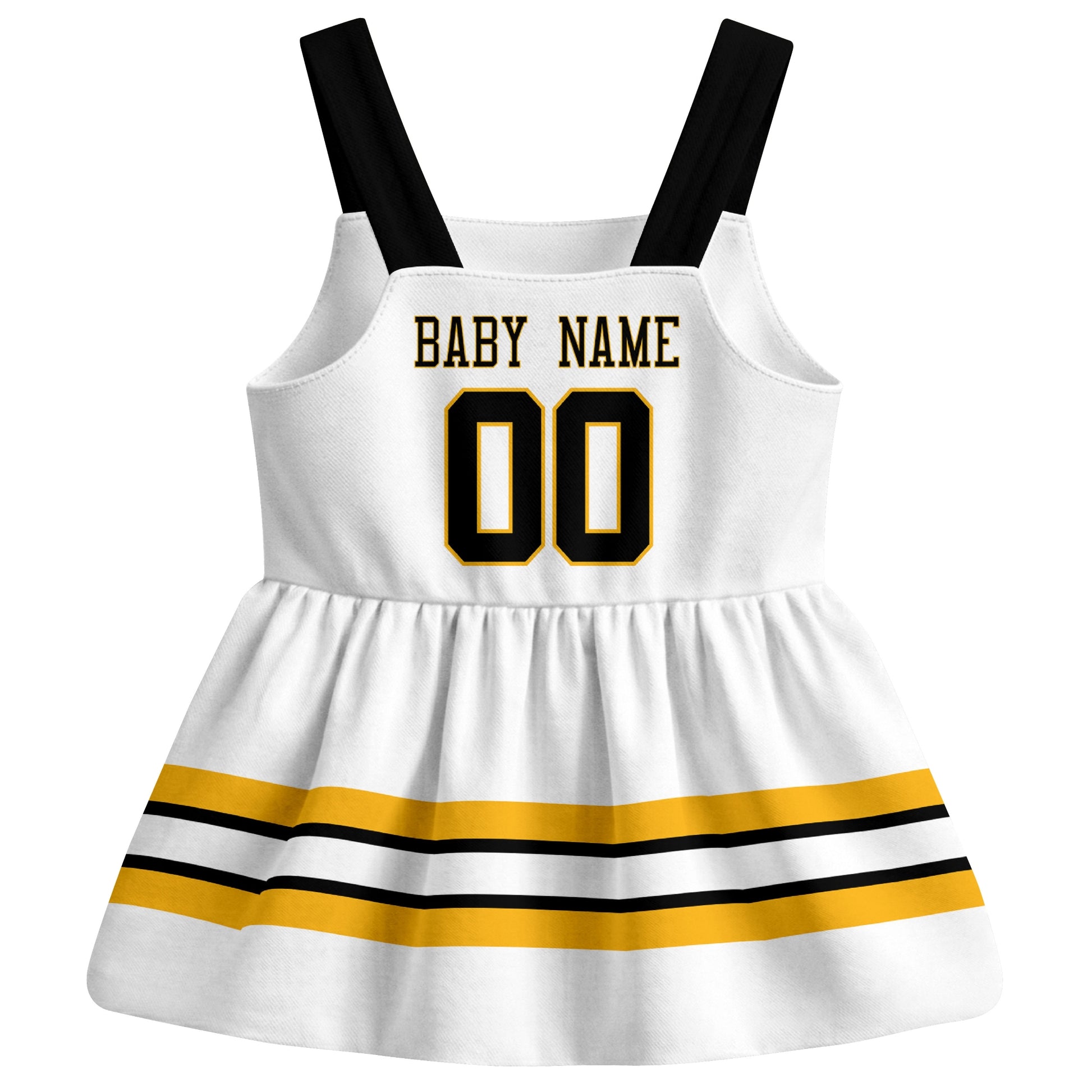 Boston hockey baby suspender dress White style back view with custom baby name and number