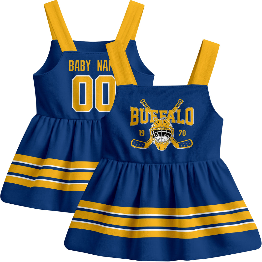 Personalized Buffalo hockey baby suspender dress shown on baby with Royal and White city-color styles