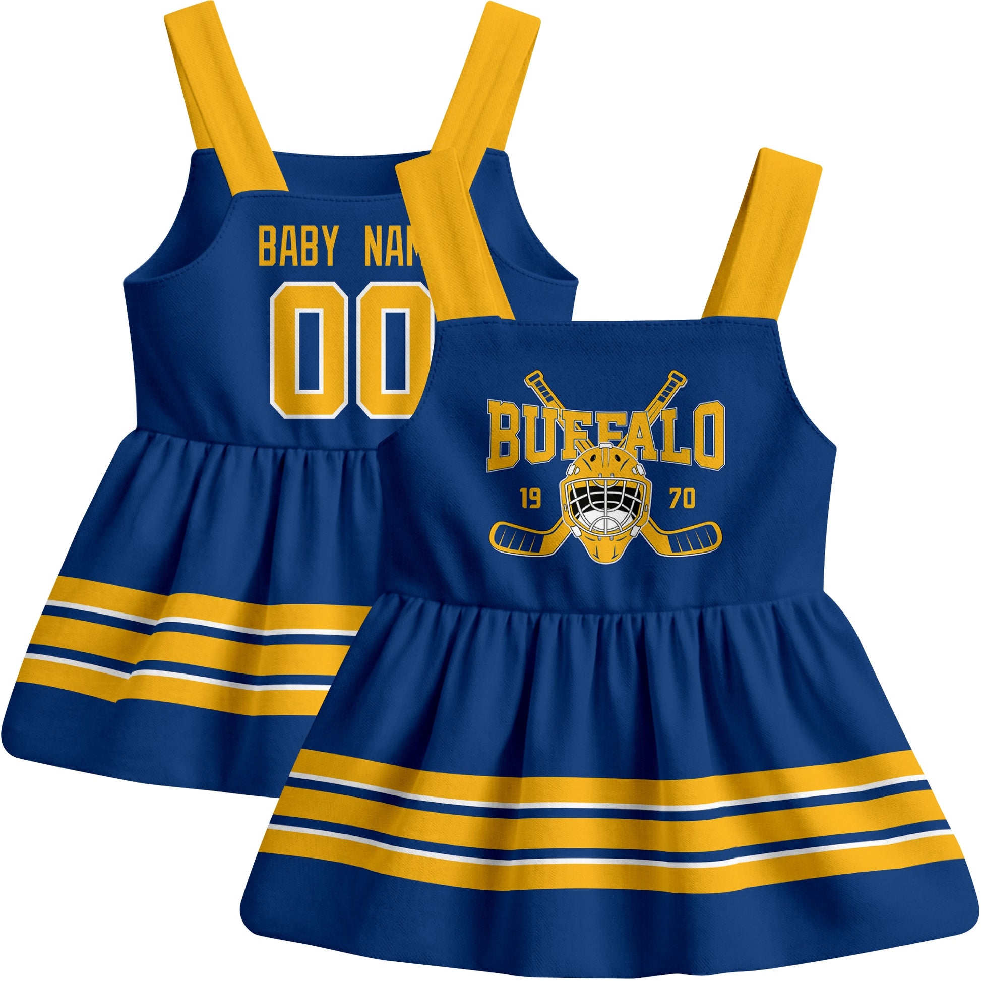 Buffalo hockey baby suspender dress Royal style front and back view