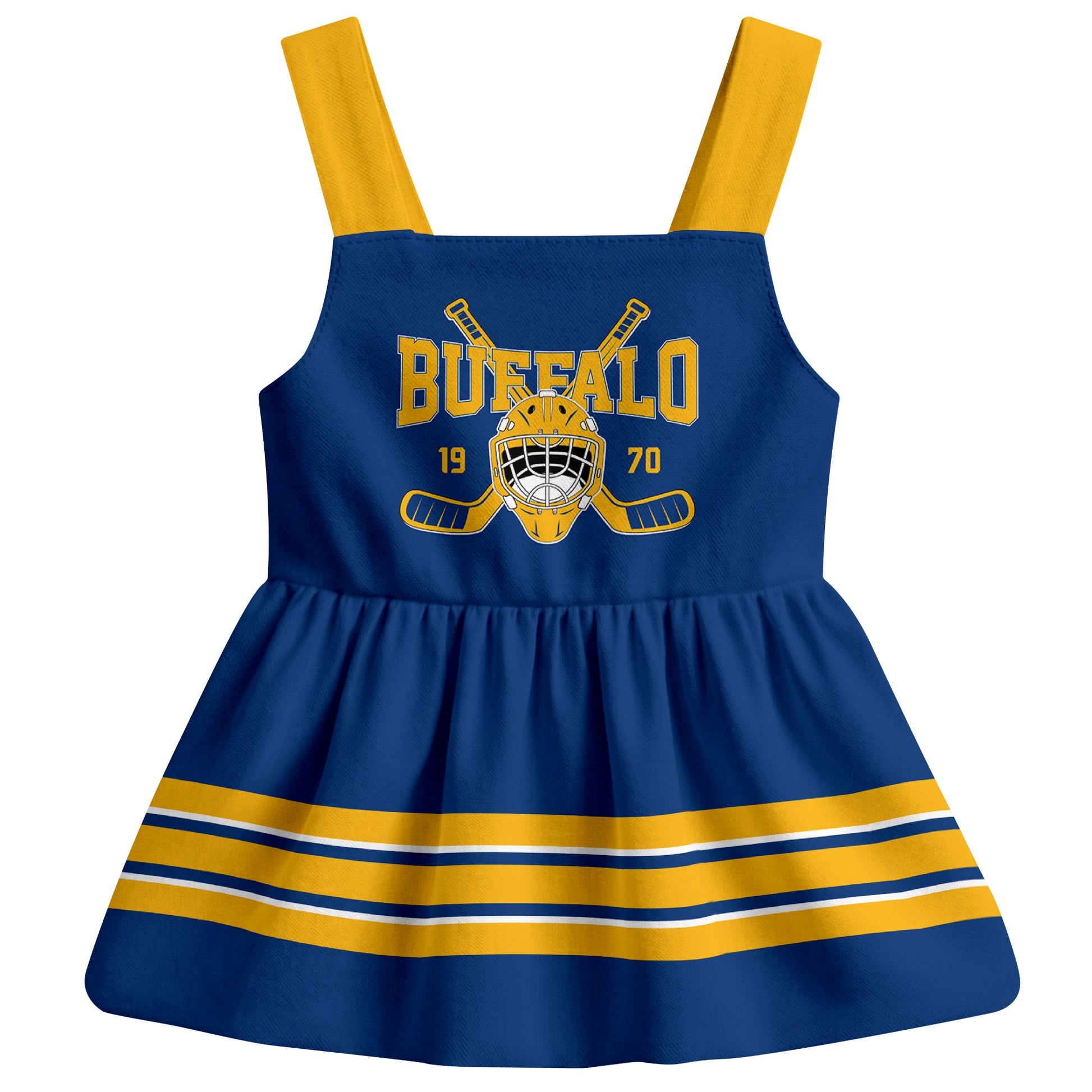 Buffalo hockey baby suspender dress Royal style front view