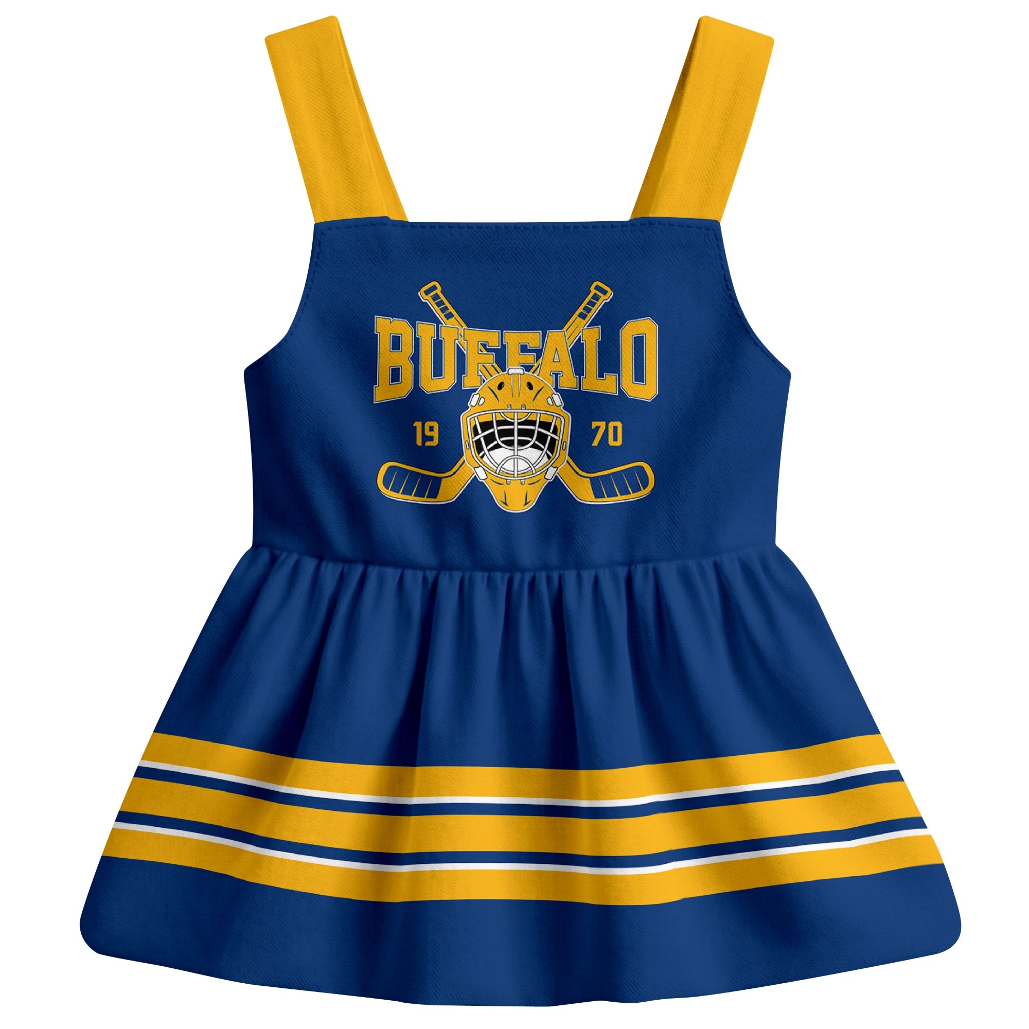 Buffalo hockey baby suspender dress Royal style front view