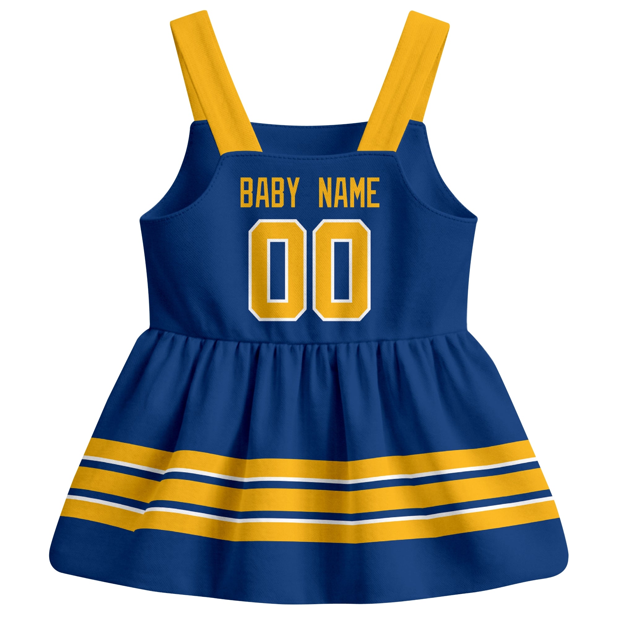 Buffalo hockey baby suspender dress Royal style back view with custom baby name and number