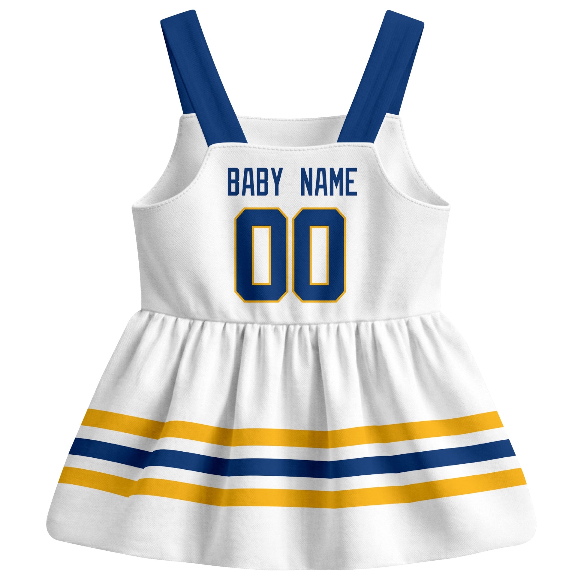 Buffalo hockey baby suspender dress White style back view with custom baby name and number