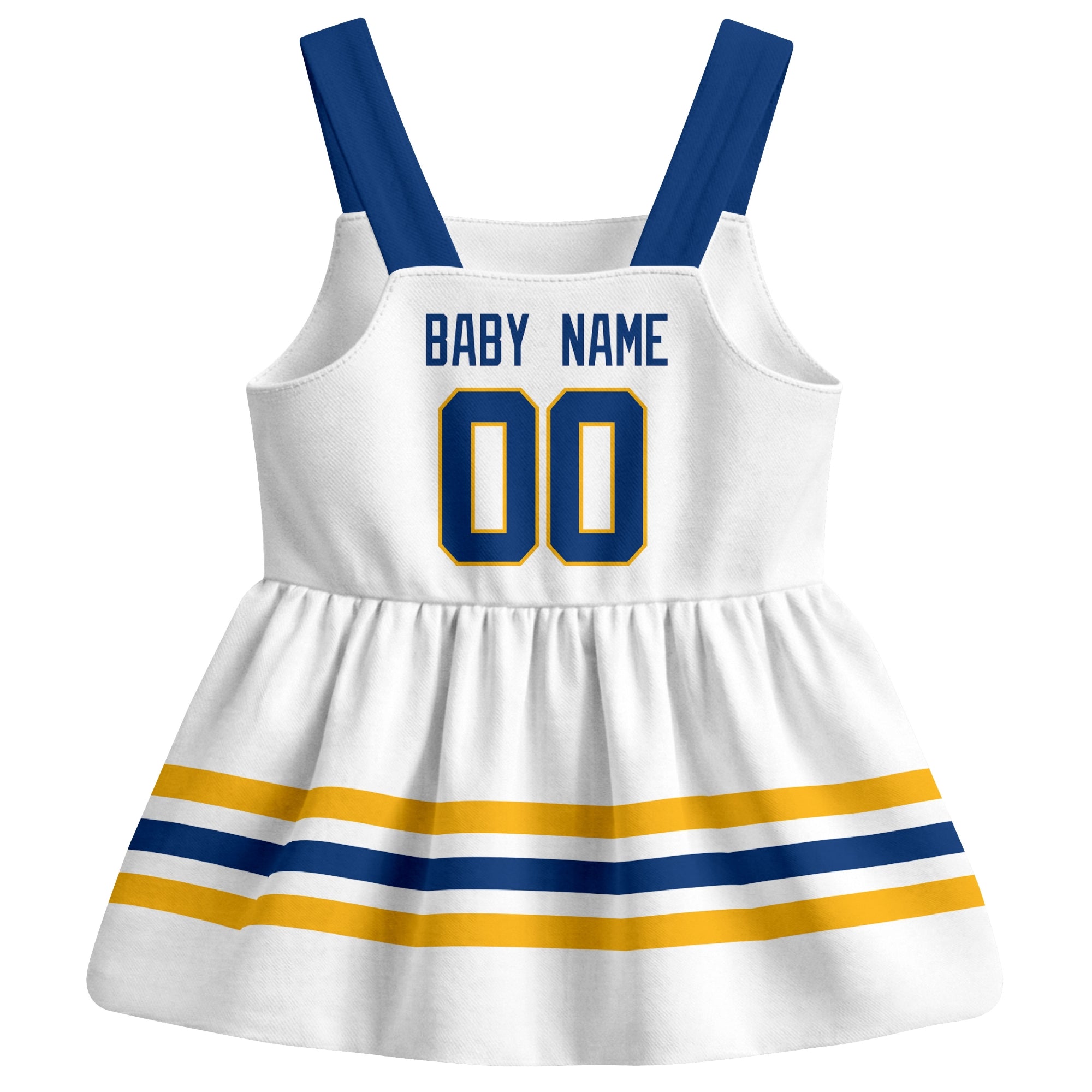 Buffalo hockey baby suspender dress White style back view with custom baby name and number