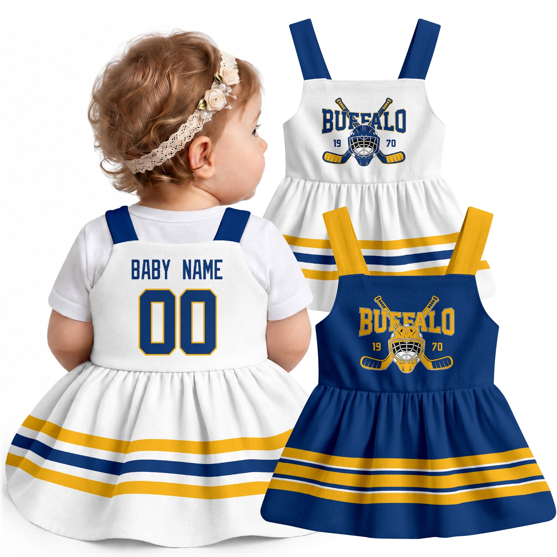Personalized Buffalo hockey baby suspender dress shown on baby with Royal and White city-color styles