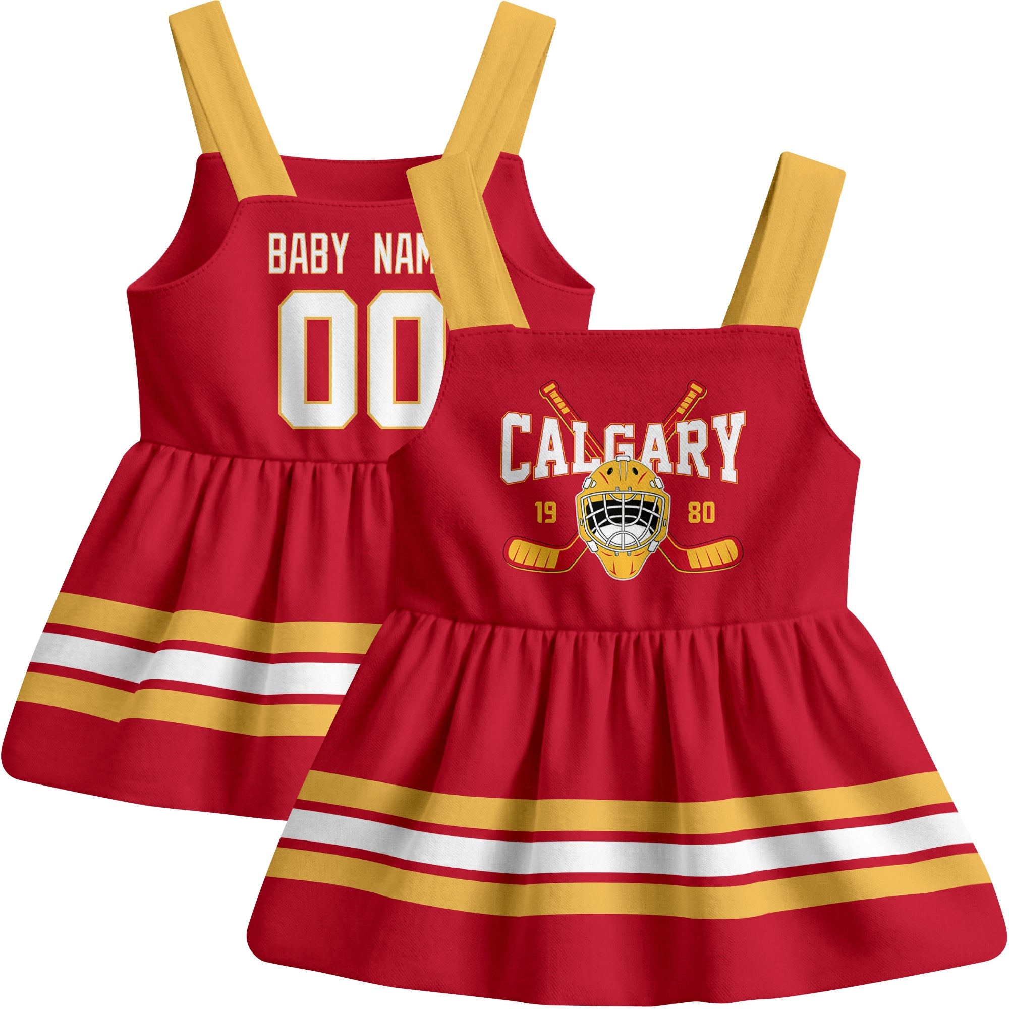 Calgary hockey baby suspender dress Red style front and back view