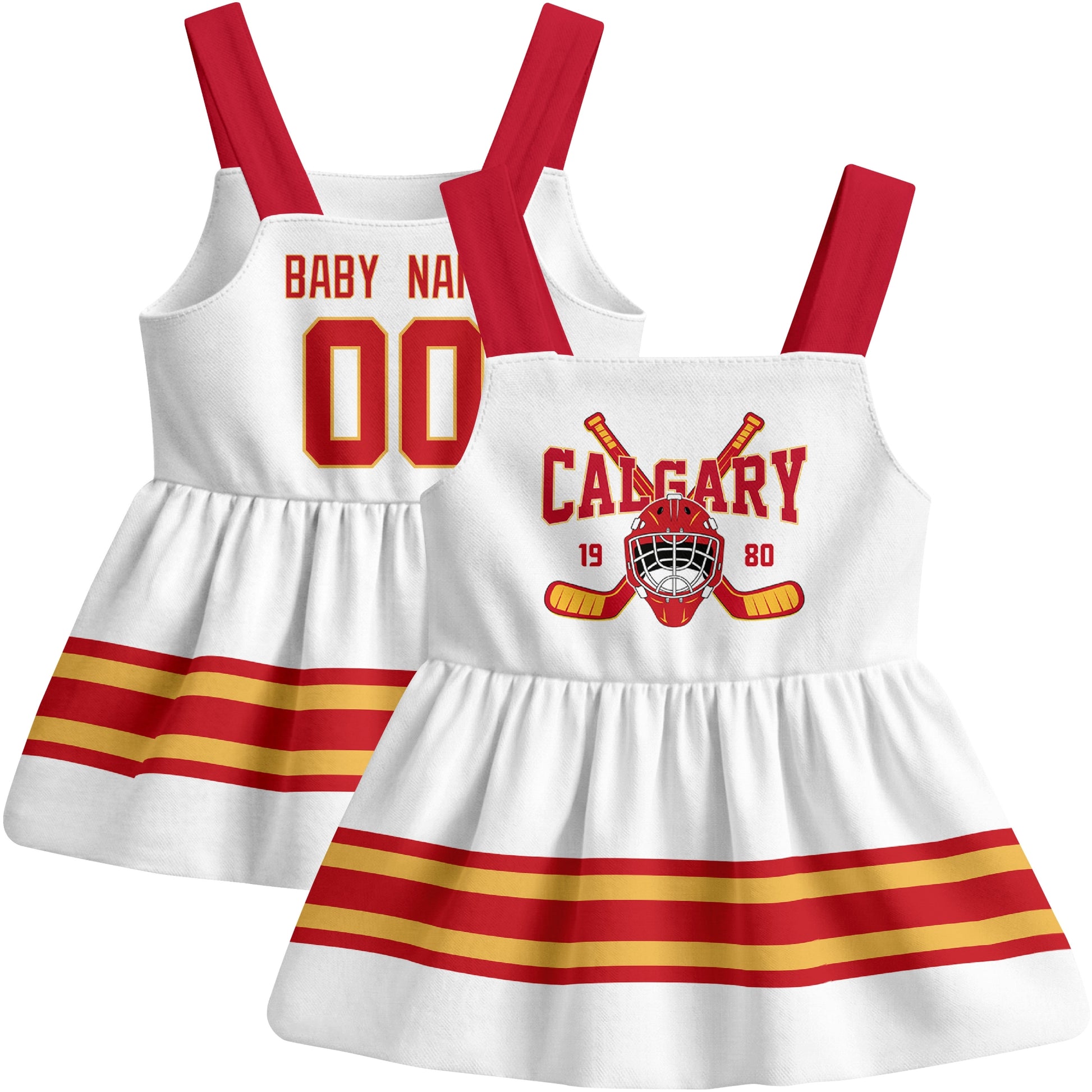 Calgary hockey baby suspender dress White style front and back view