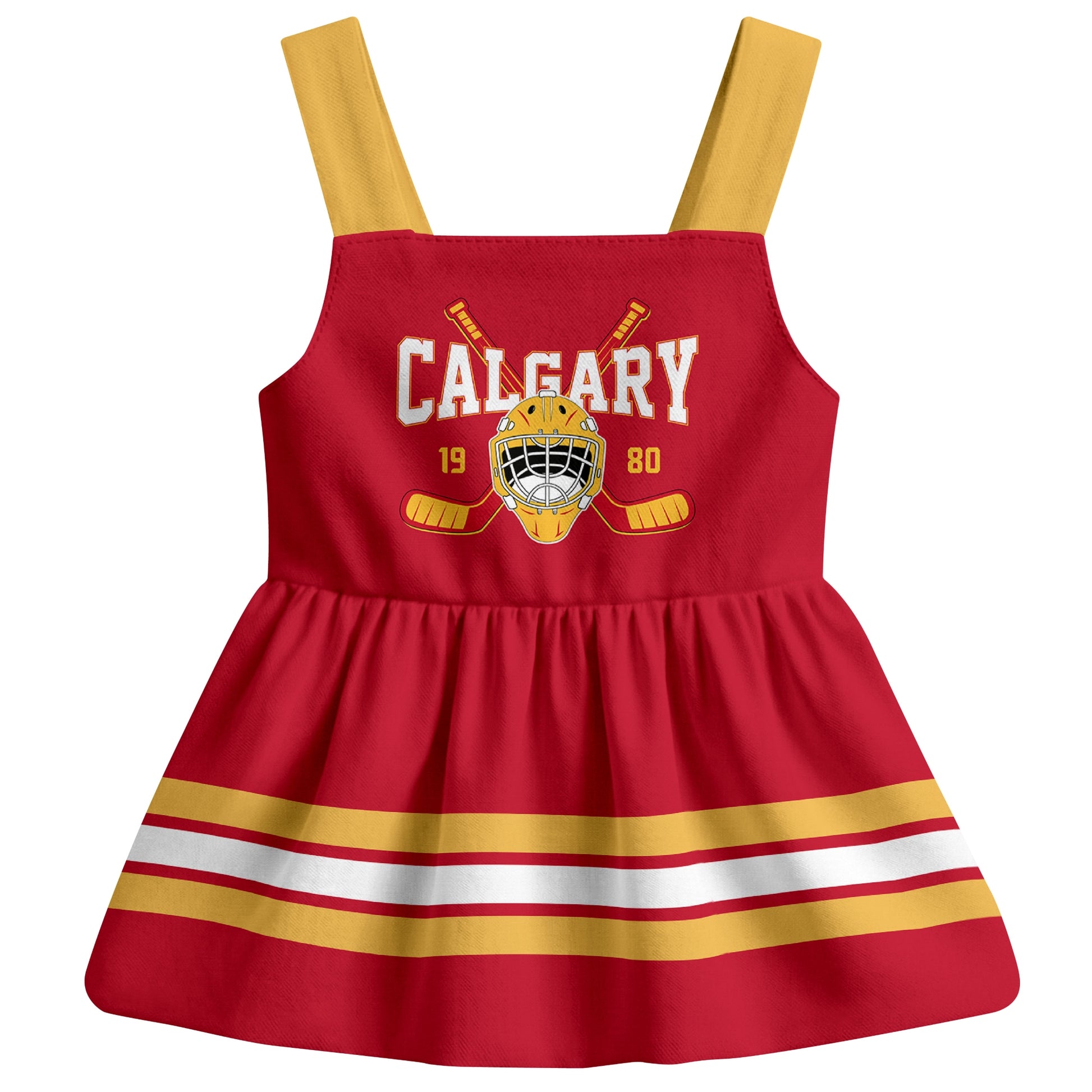 Calgary hockey baby suspender dress Red style front view