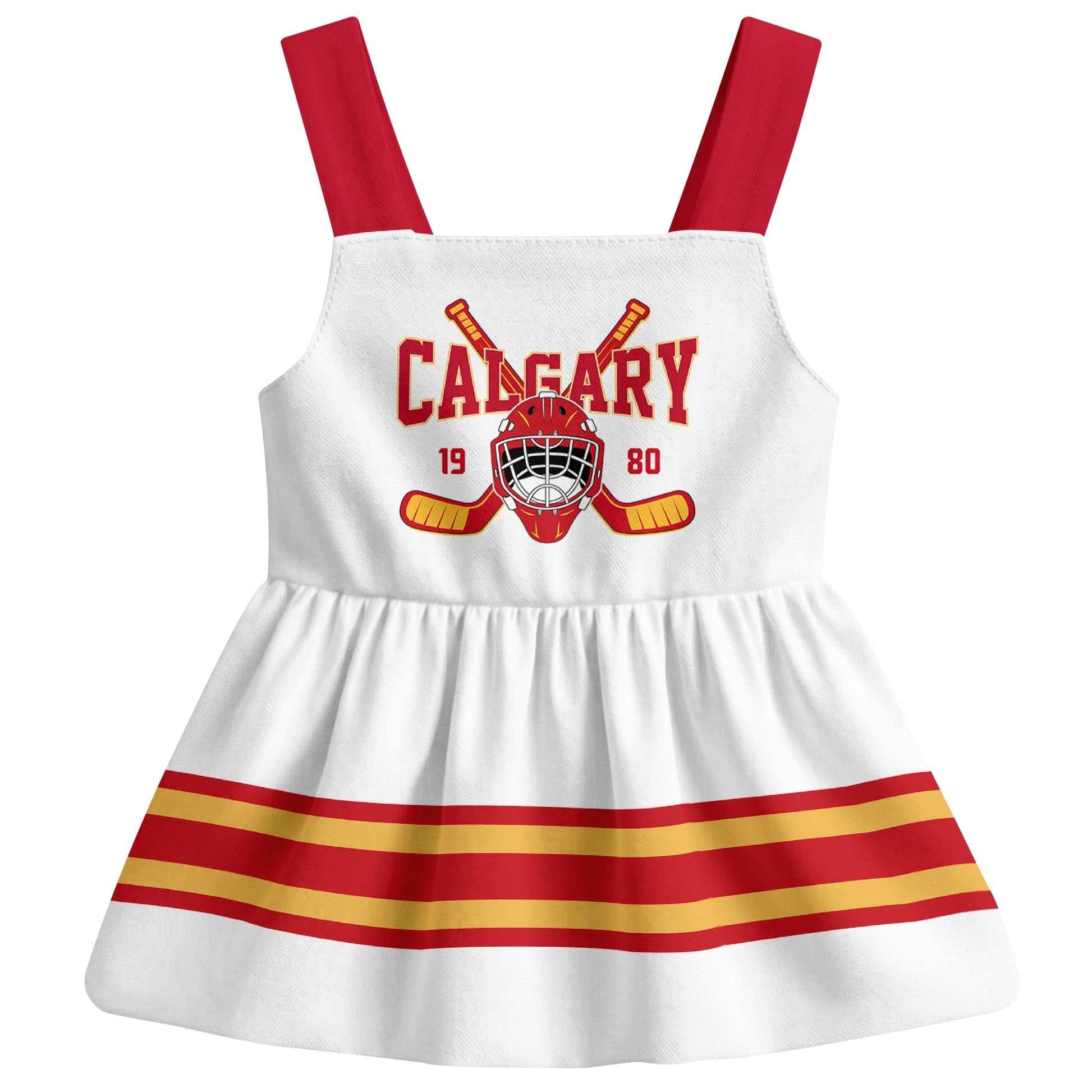Calgary hockey baby suspender dress White style front view