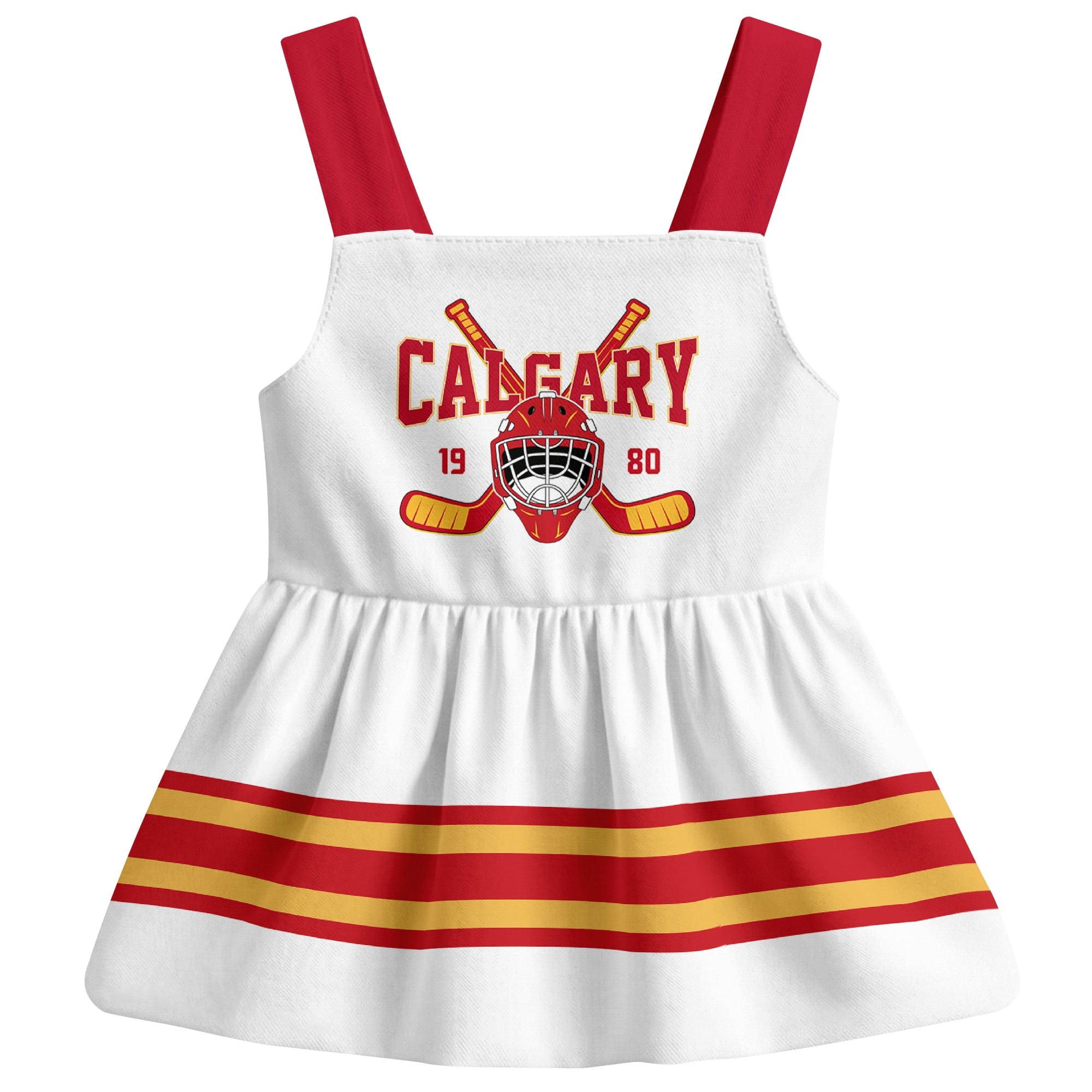 Calgary hockey baby suspender dress White style front view