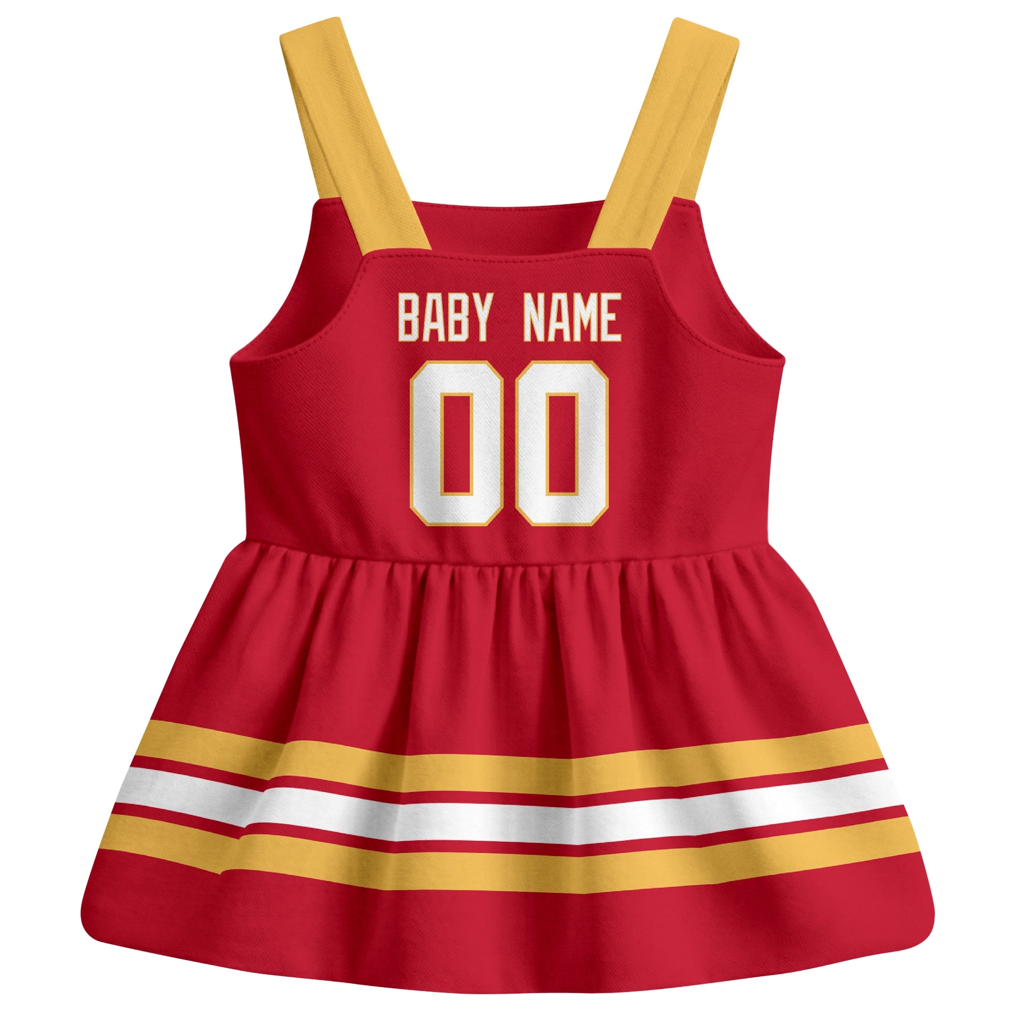 Calgary hockey baby suspender dress Red style back view with custom baby name and number