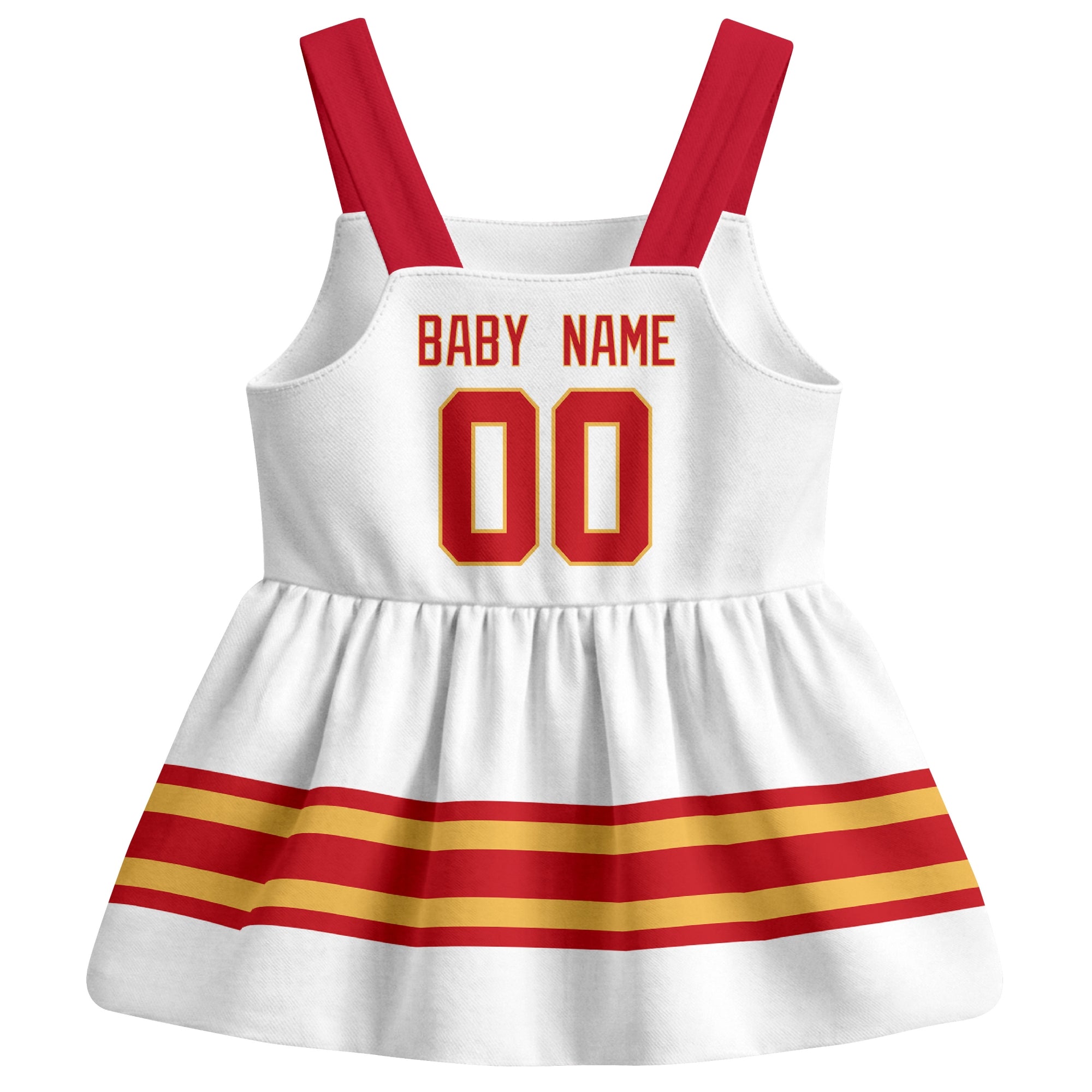 Calgary hockey baby suspender dress White style back view with custom baby name and number