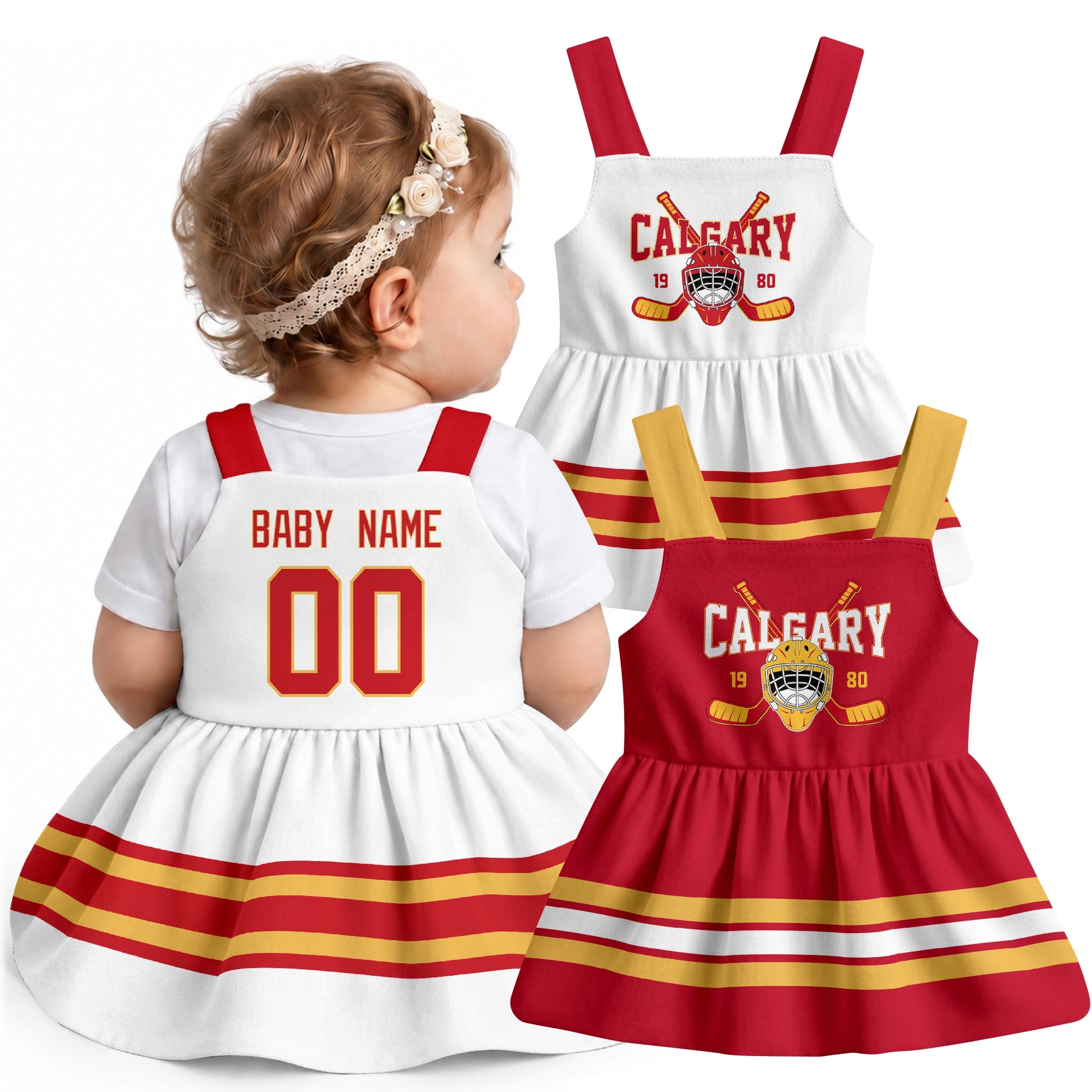 Personalized Calgary hockey baby suspender dress shown on baby with Red and White city-color styles