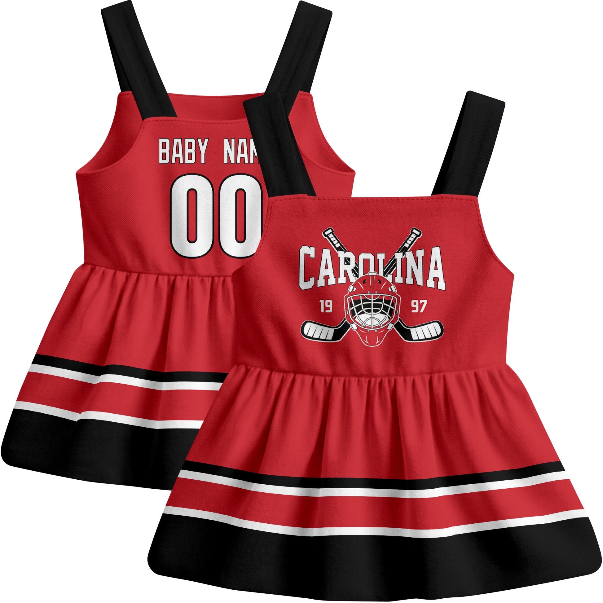 Carolina hockey baby suspender dress Red style front and back view