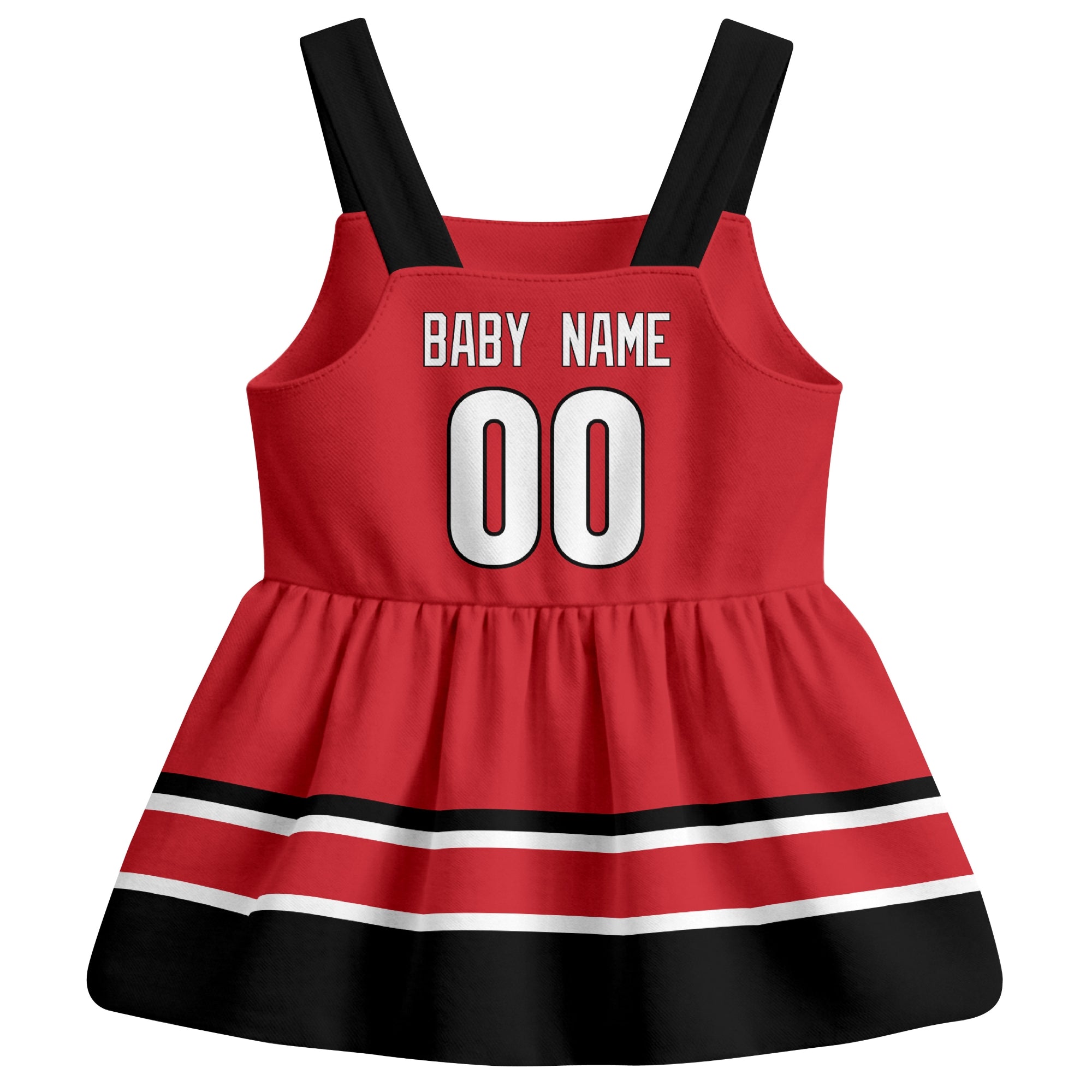 Carolina hockey baby suspender dress Red style back view with custom baby name and number