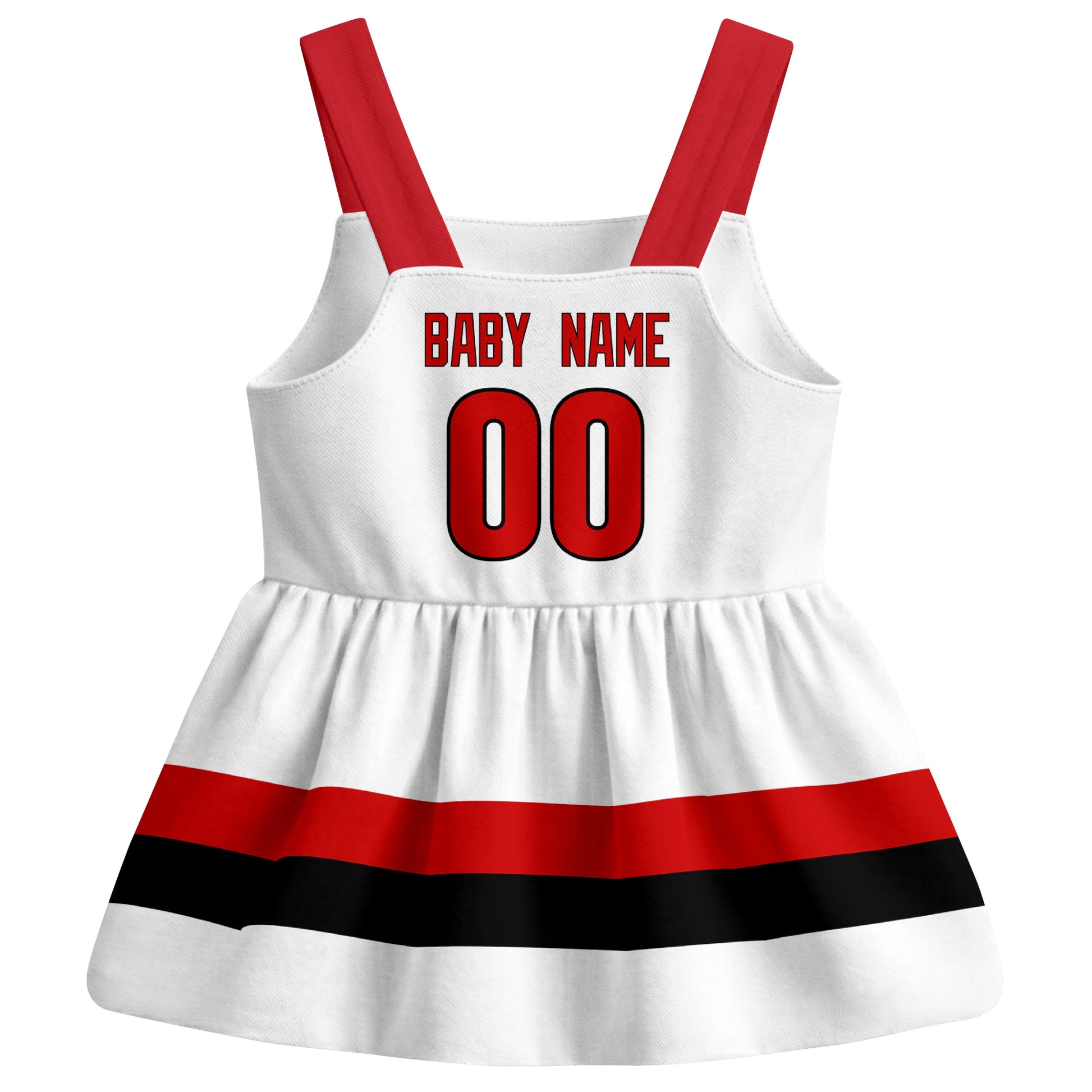 Carolina hockey baby suspender dress White style back view with custom baby name and number