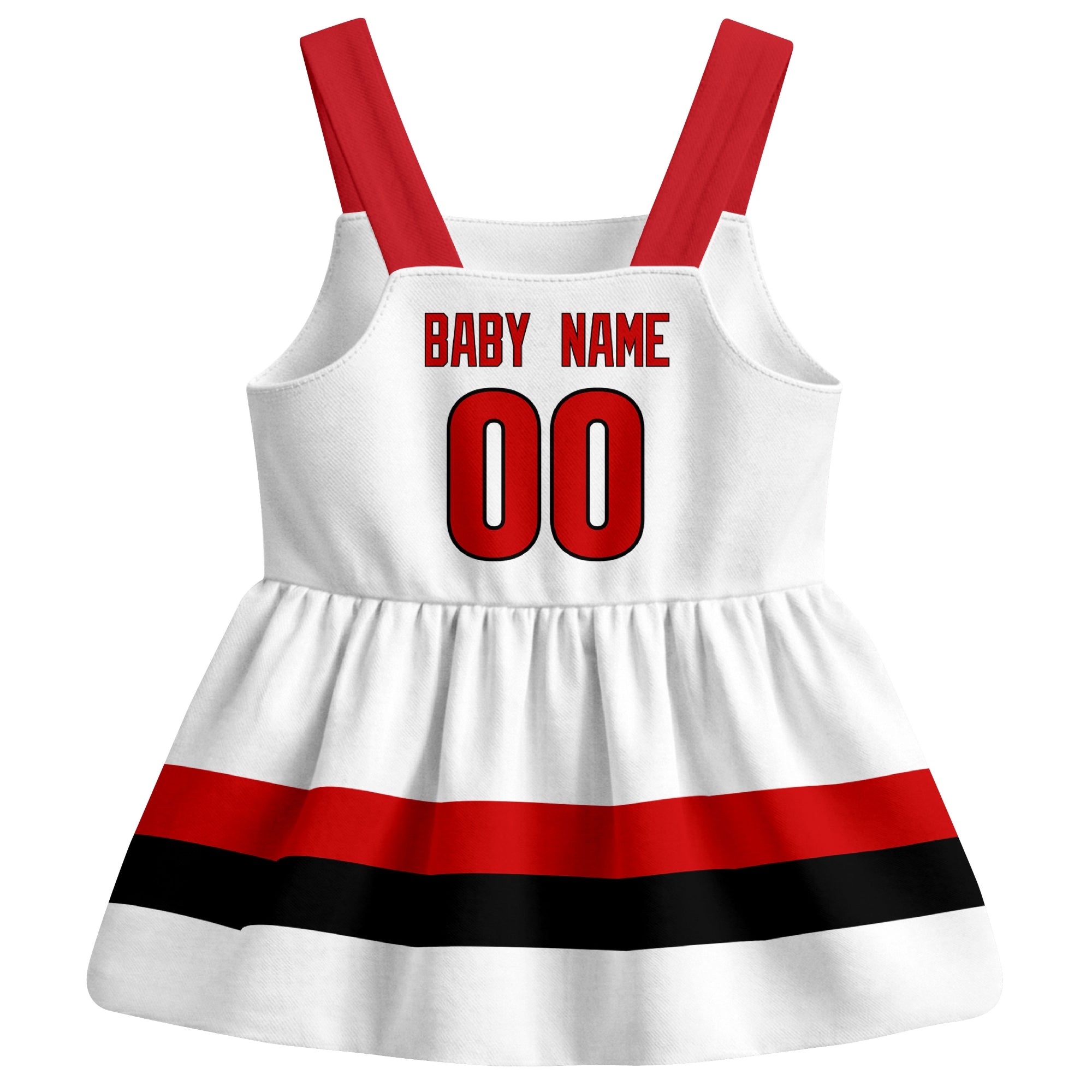 Carolina hockey baby suspender dress White style back view with custom baby name and number