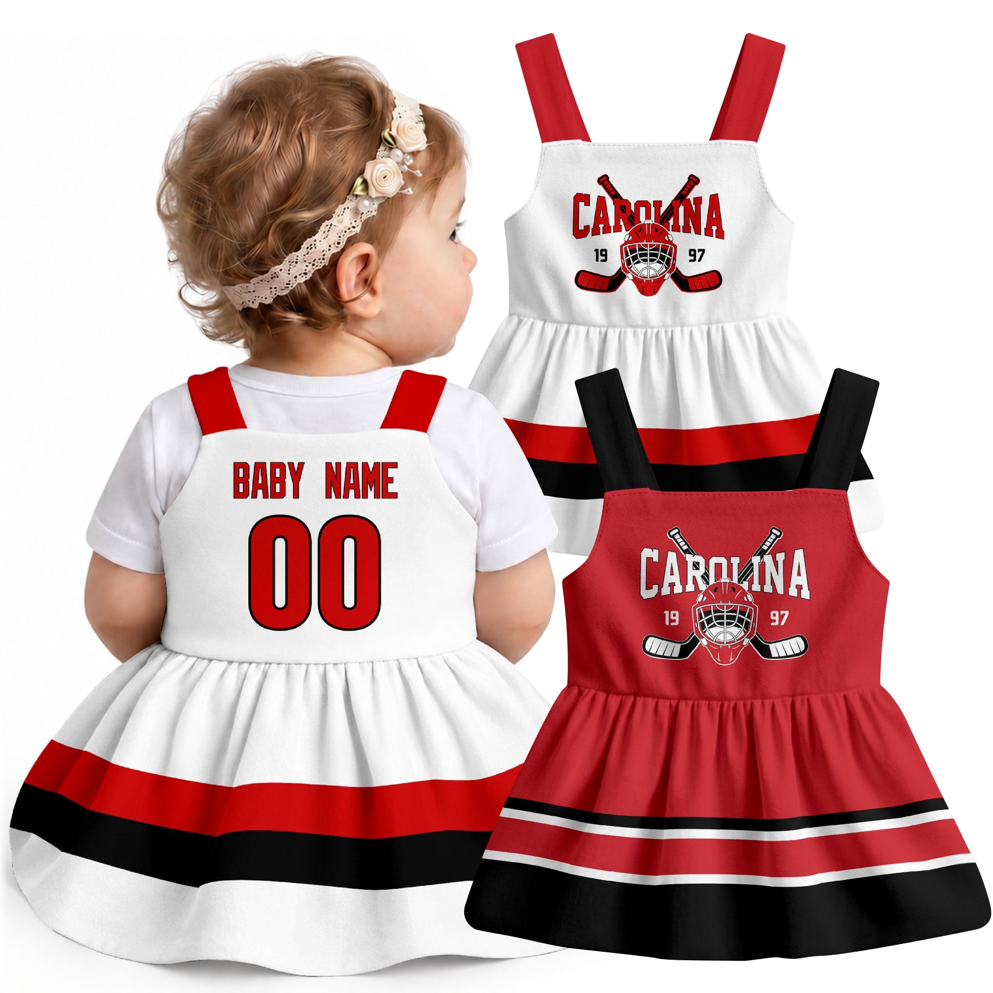 Personalized Carolina hockey baby suspender dress shown on baby with Red and White city-color styles