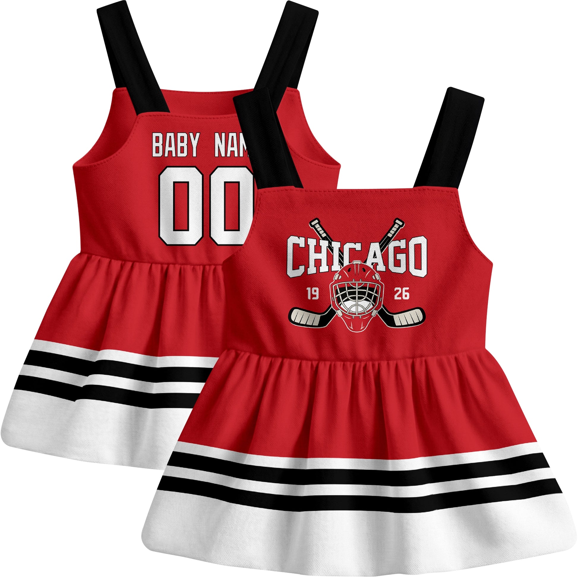 Chicago hockey baby suspender dress Red style front and back view