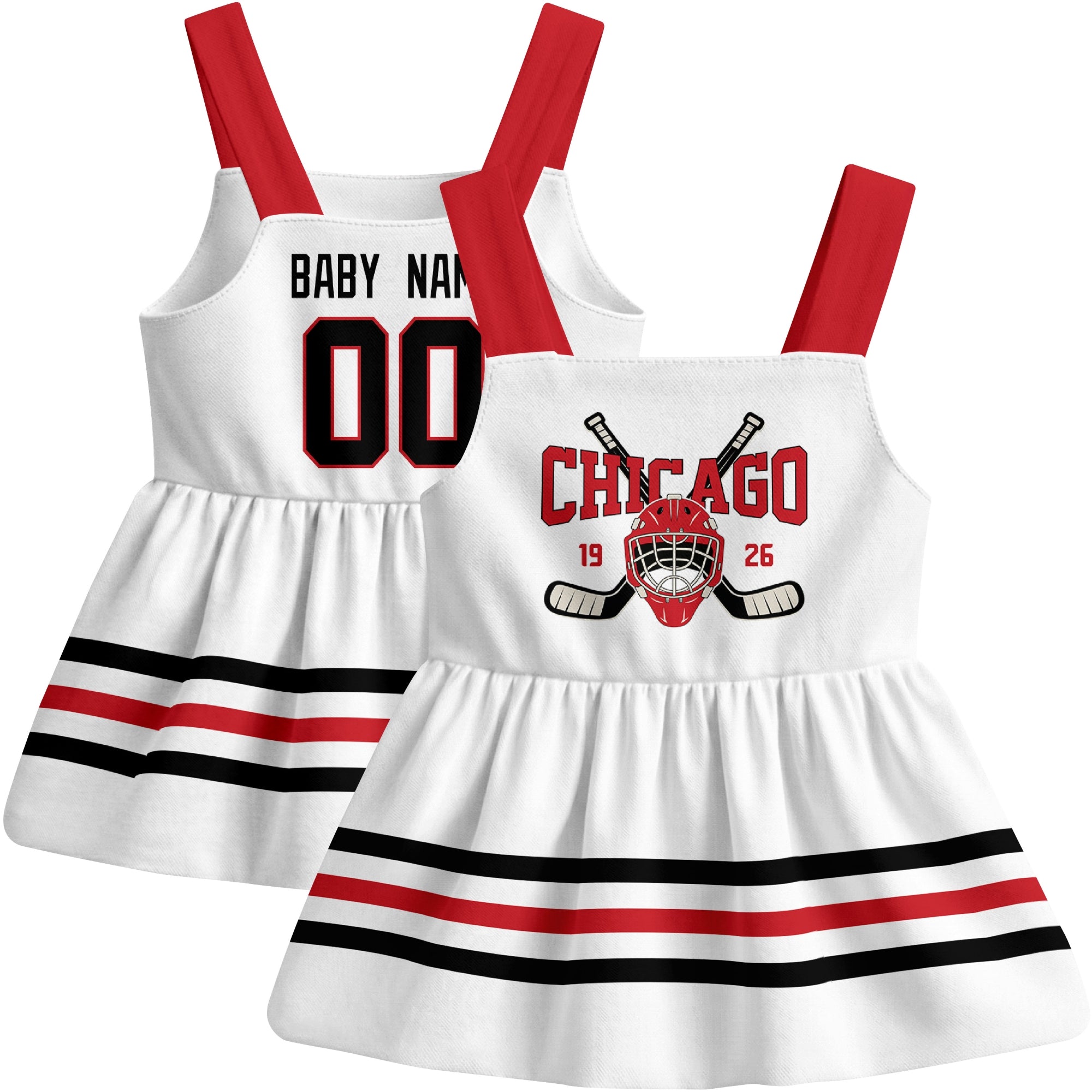 Chicago hockey baby suspender dress White style front and back view