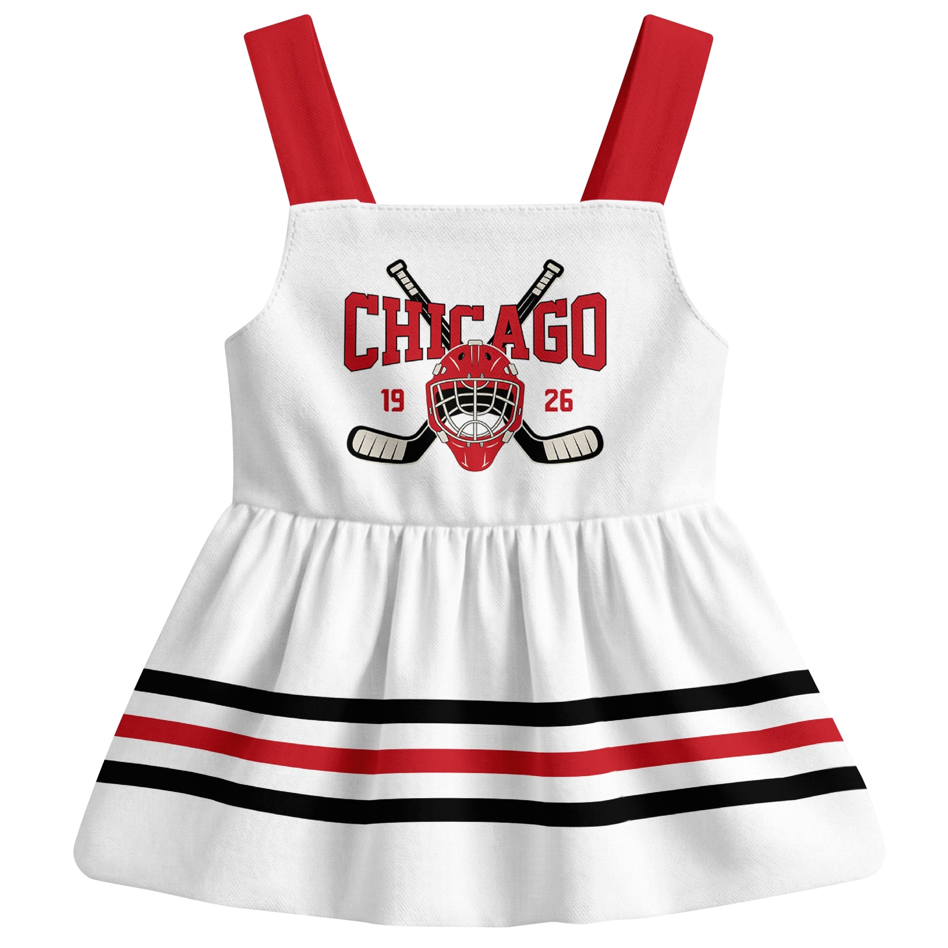 Chicago hockey baby suspender dress White style front view