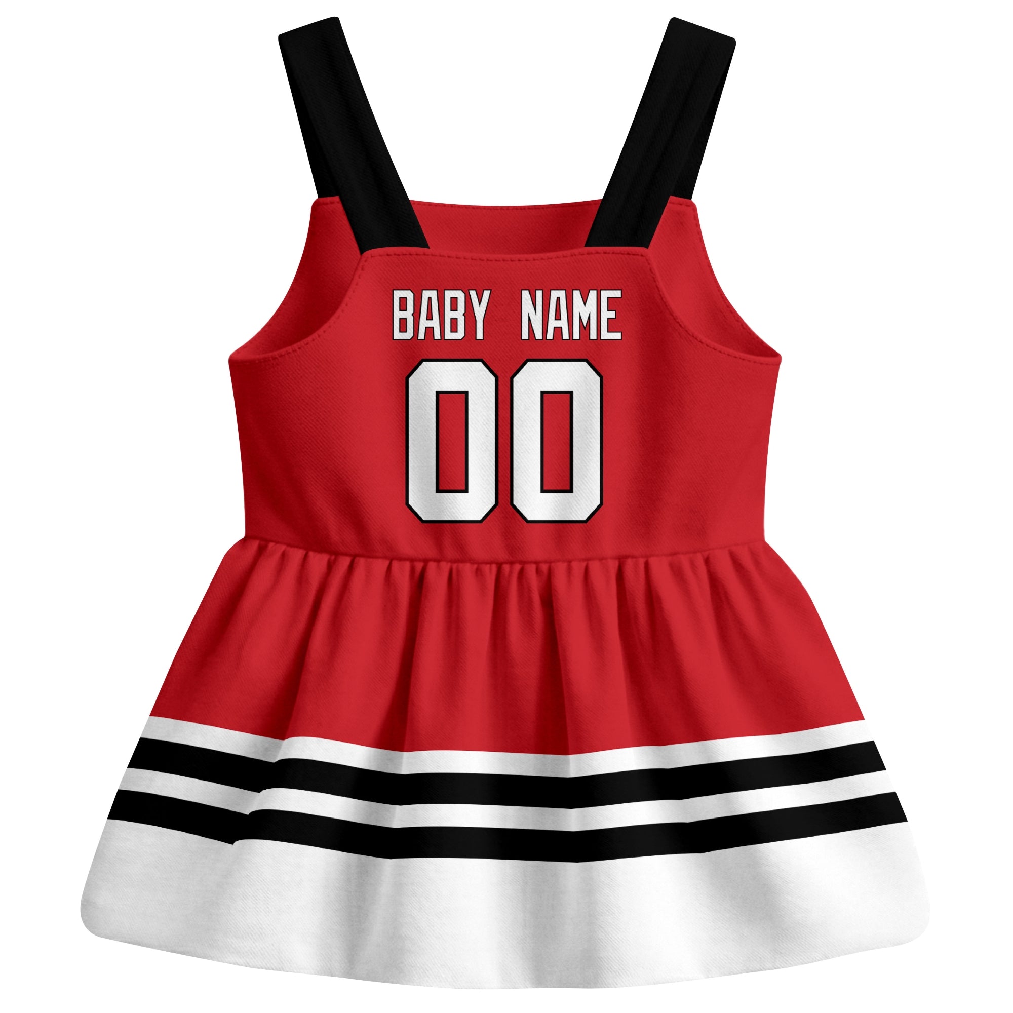 Chicago hockey baby suspender dress Red style back view with custom baby name and number