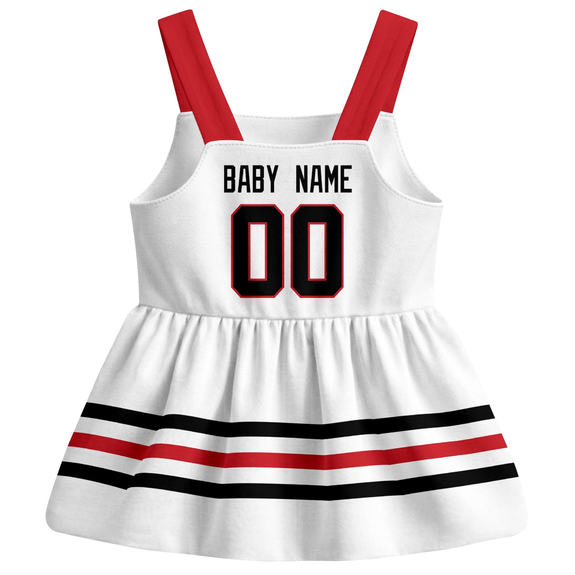 Chicago hockey baby suspender dress White style back view with custom baby name and number