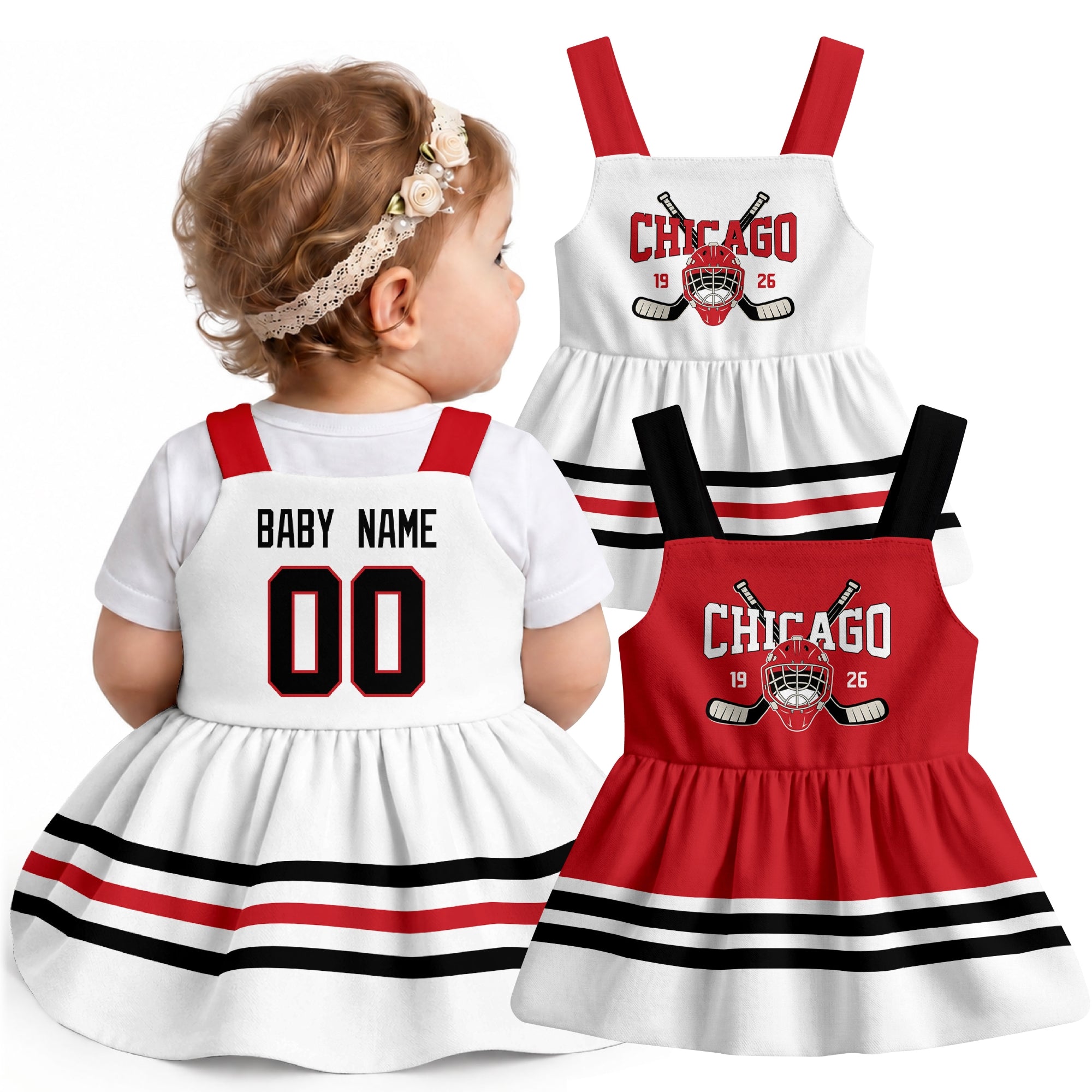 Personalized Chicago hockey baby suspender dress shown on baby with Red and White city-color styles