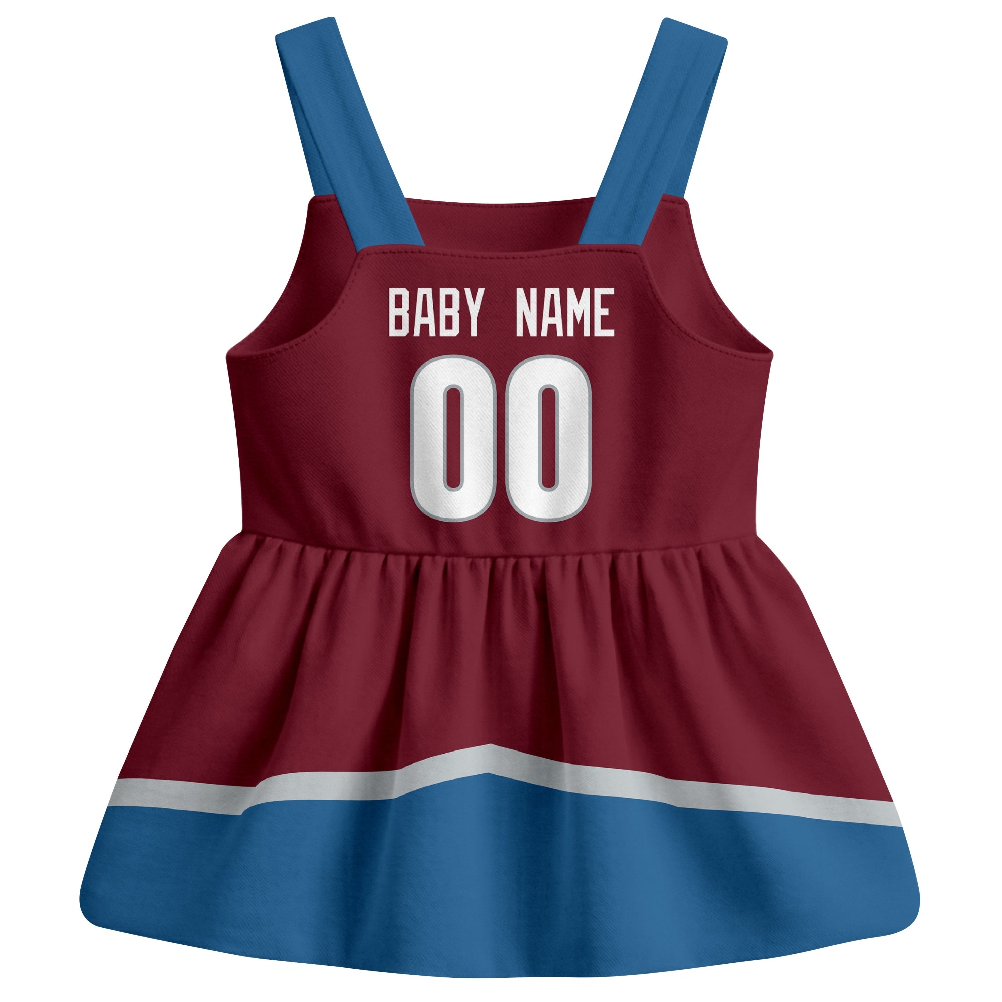 Colorado hockey baby suspender dress Burgundy style back view with custom baby name and number