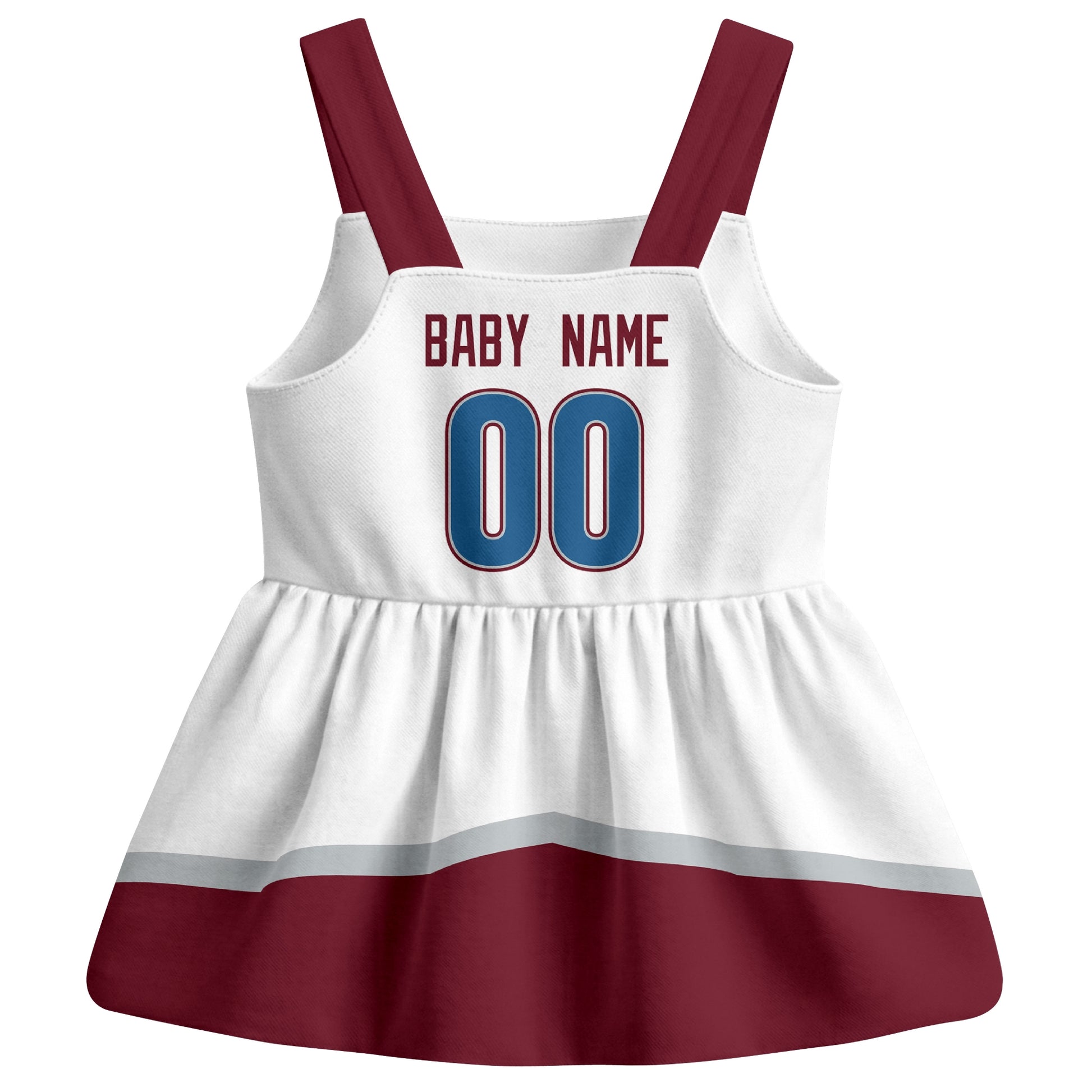Colorado hockey baby suspender dress White style back view with custom baby name and number