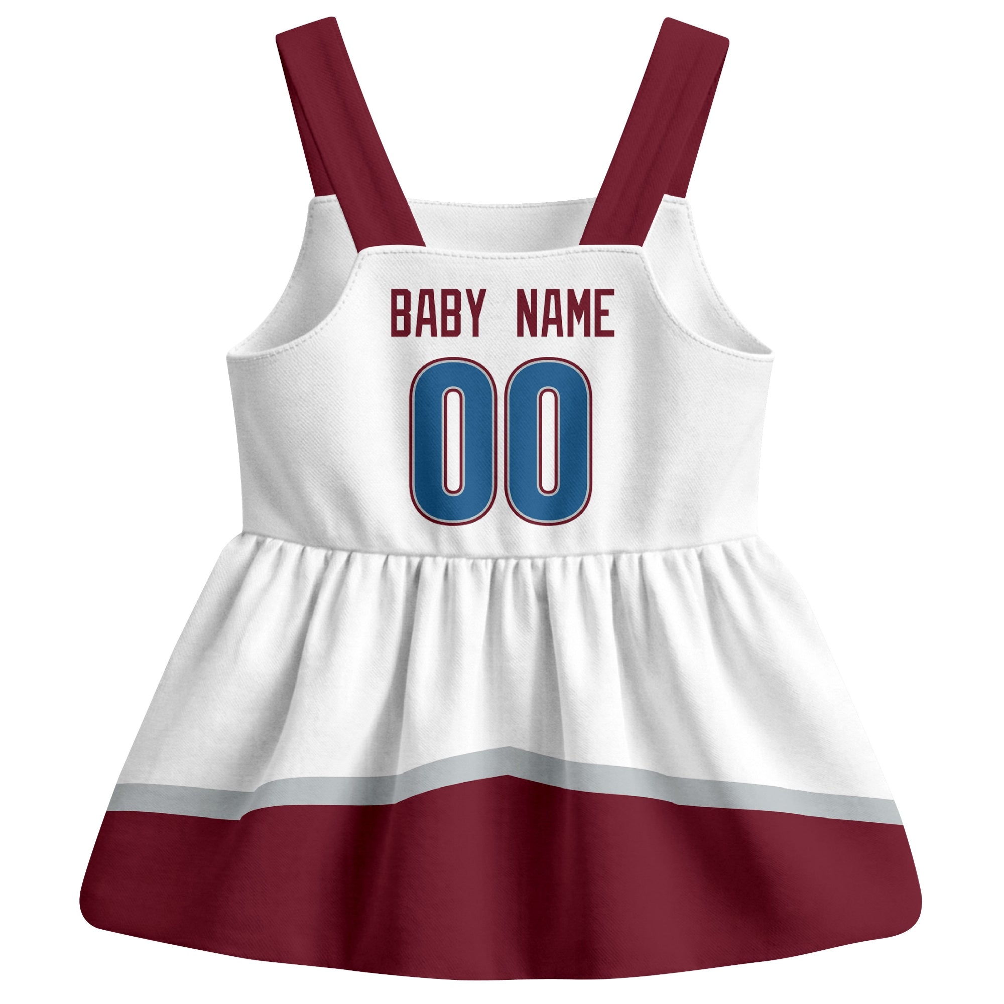 Colorado hockey baby suspender dress White style back view with custom baby name and number