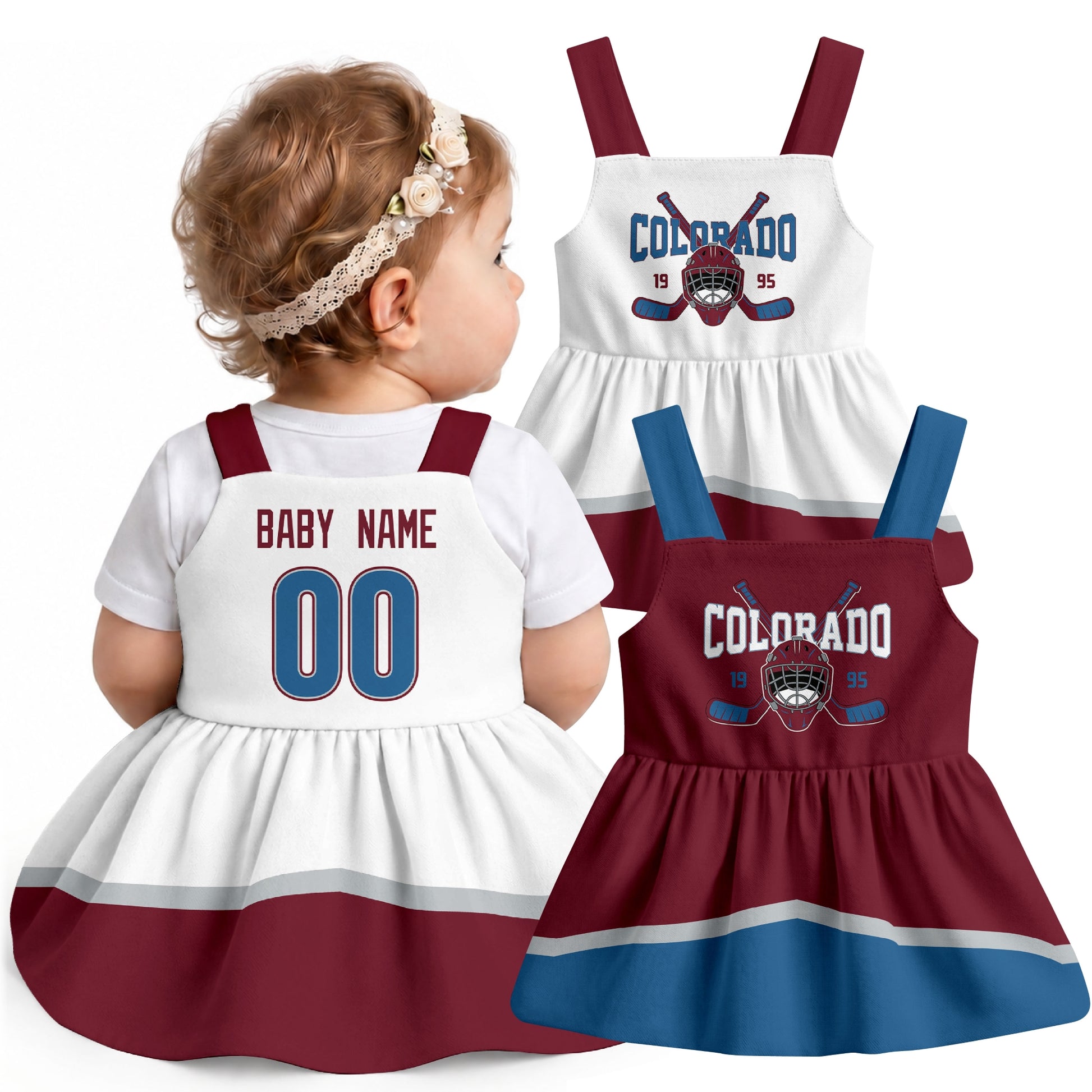 Personalized Colorado hockey baby suspender dress shown on baby with Burgundy and White city-color styles