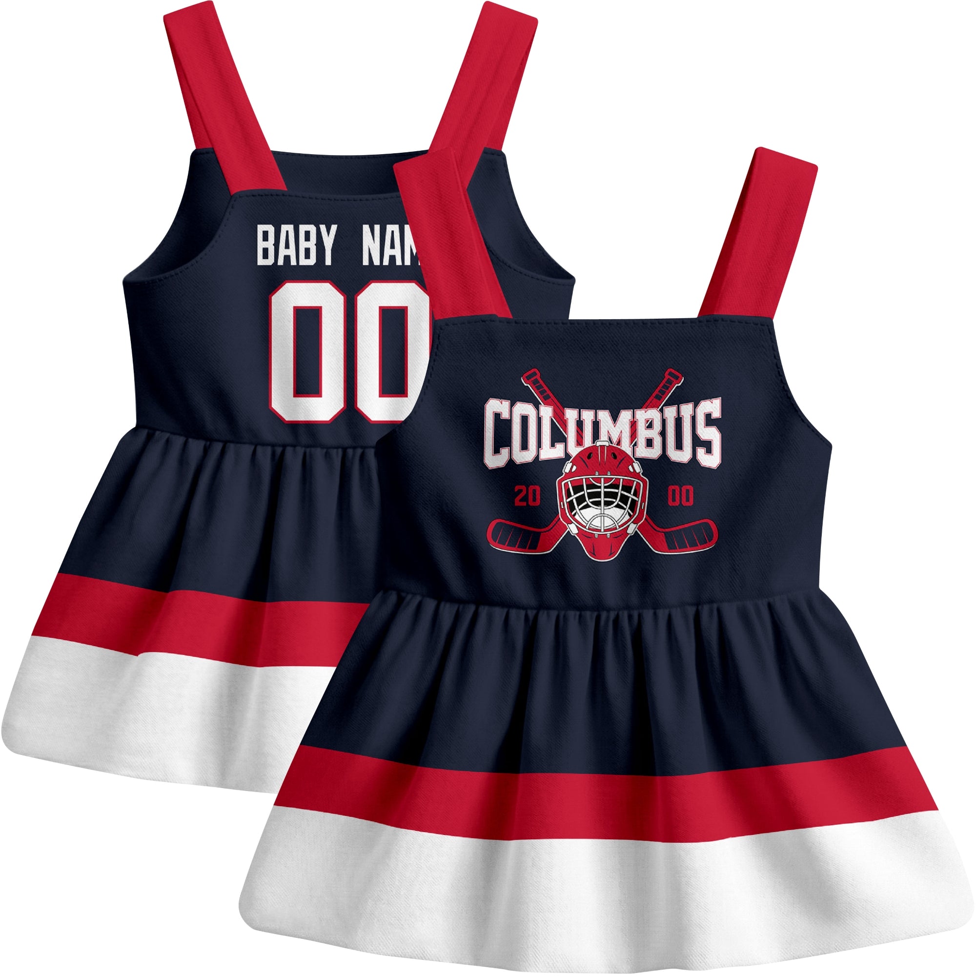 Columbus hockey baby suspender dress Navy style front and back view