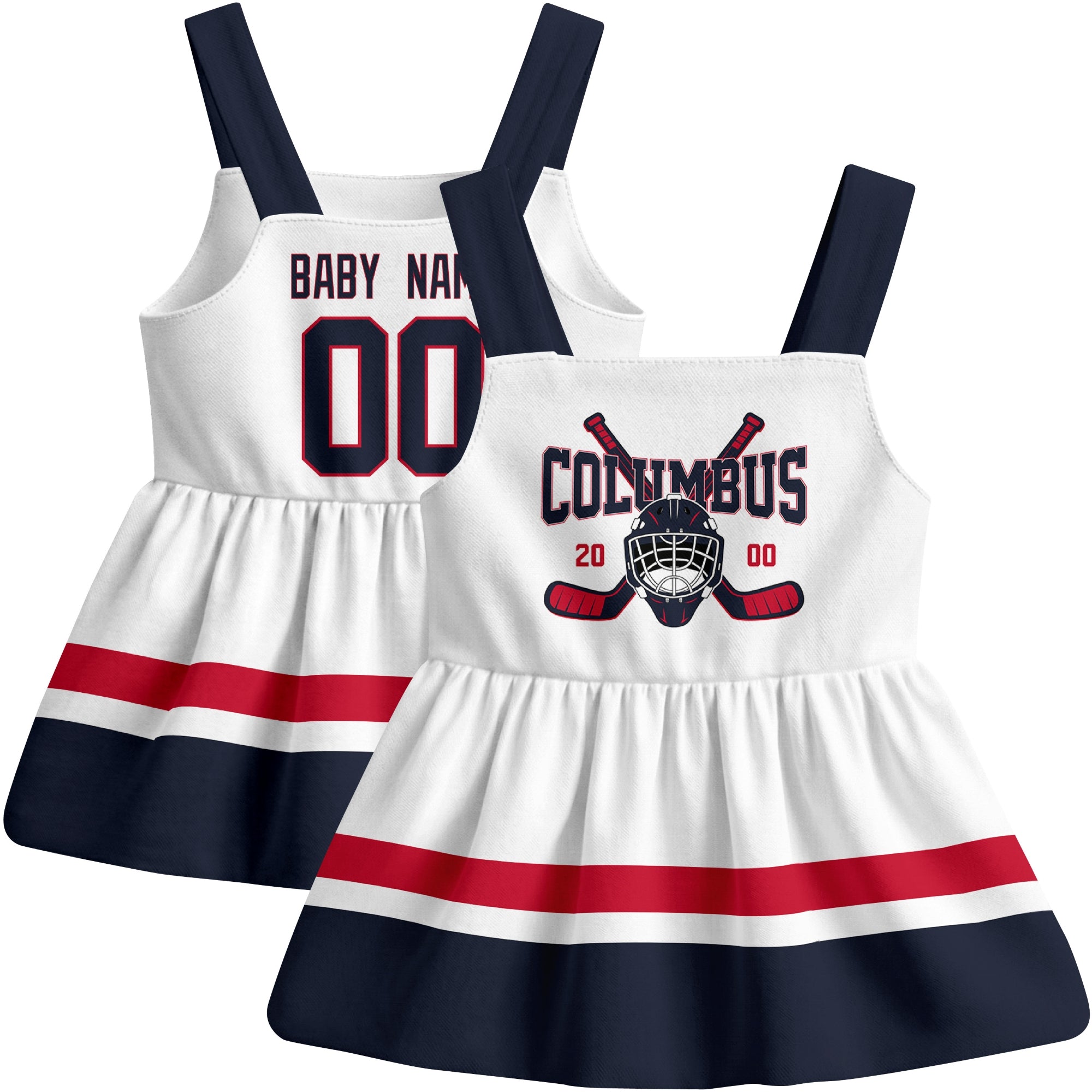 Columbus hockey baby suspender dress White style front and back view