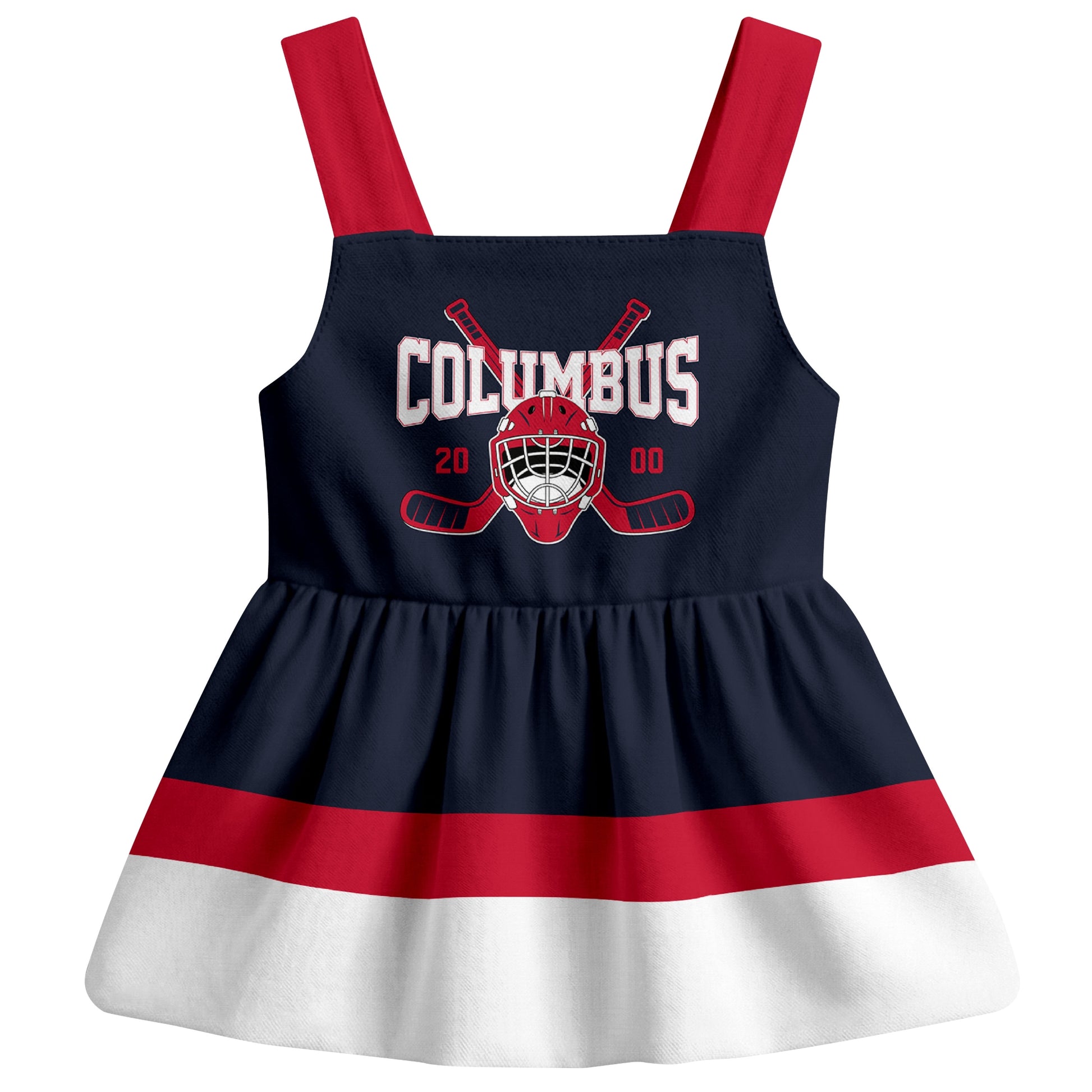 Columbus hockey baby suspender dress Navy style front view