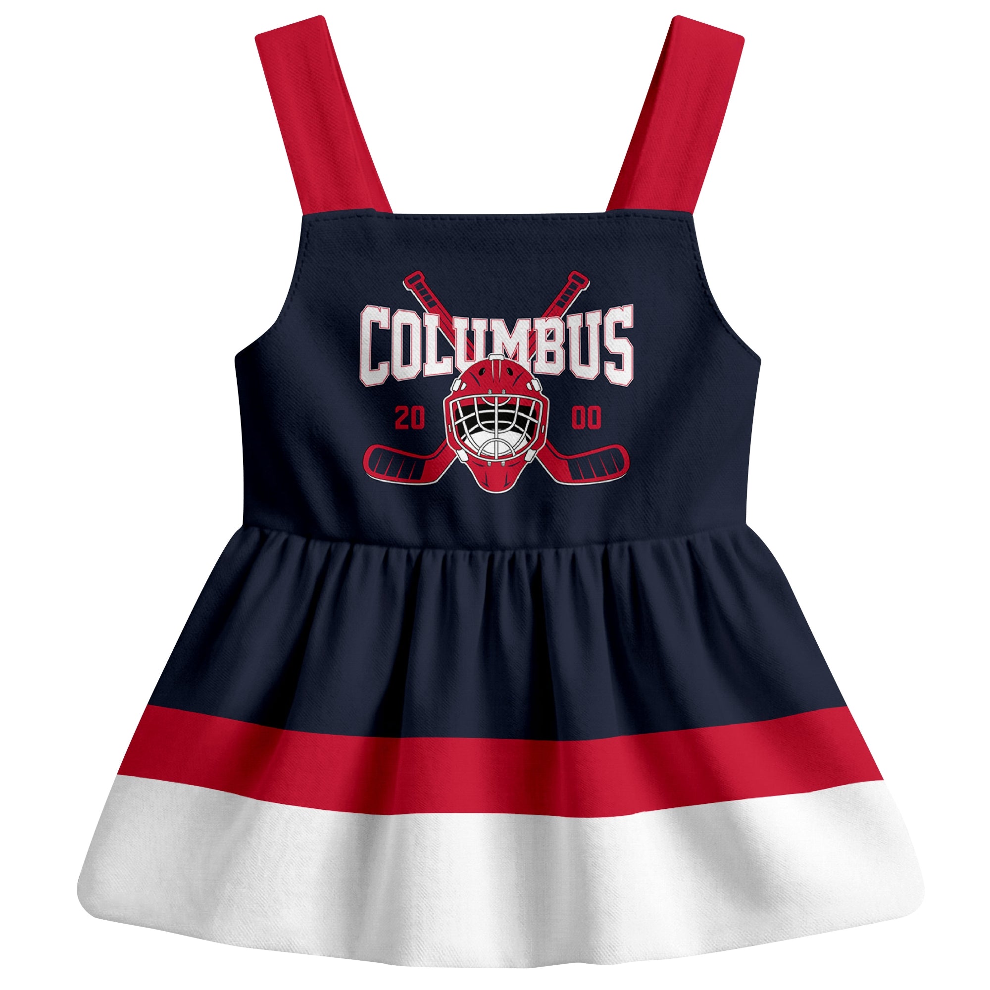 Columbus hockey baby suspender dress Navy style front view