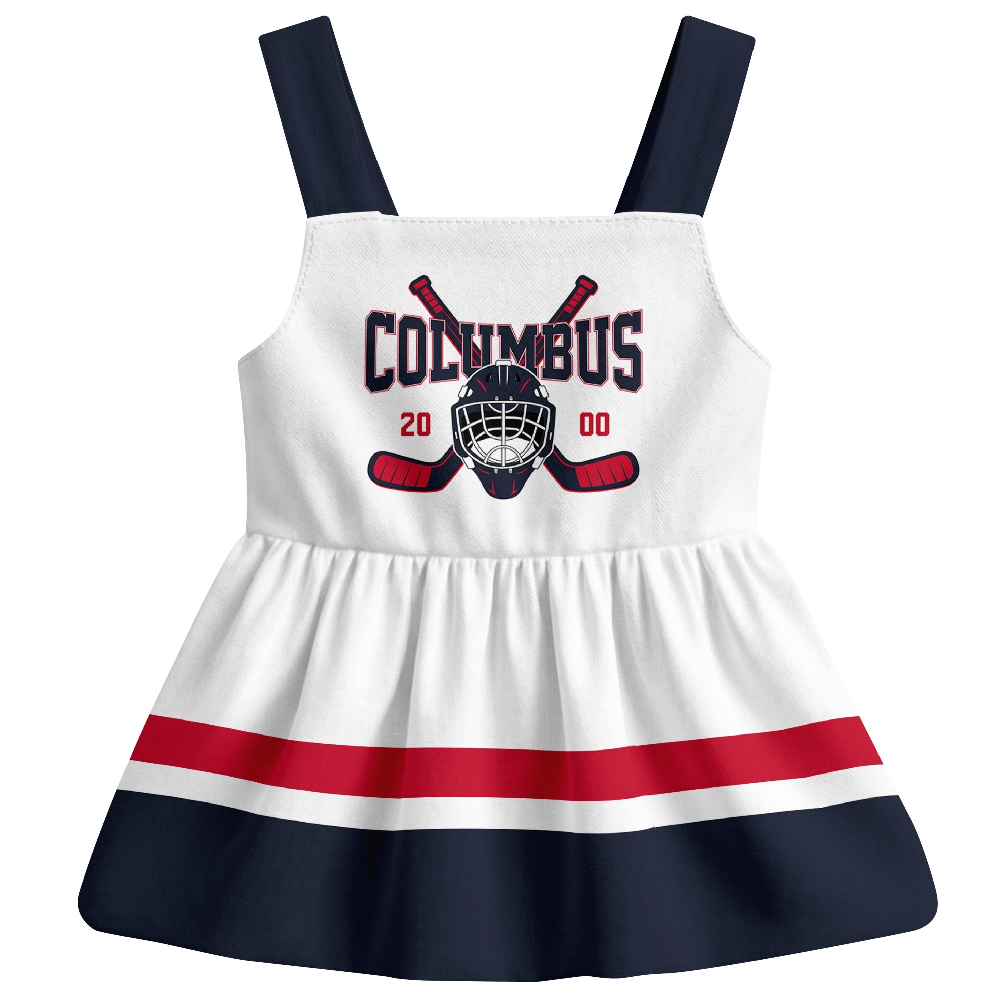 Columbus hockey baby suspender dress White style front view