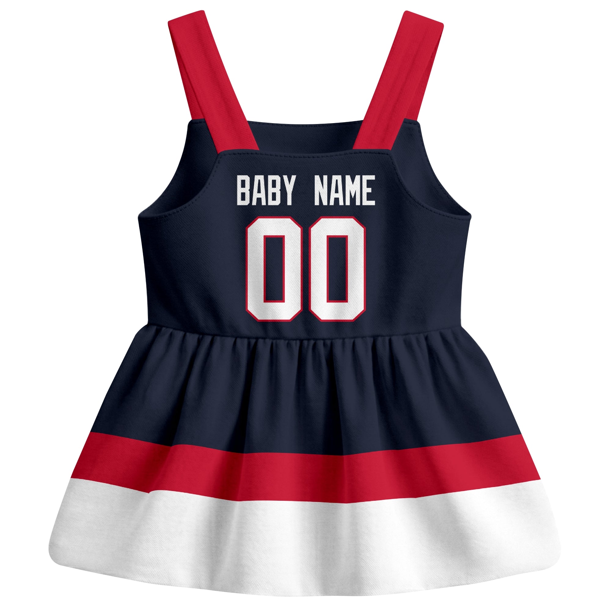 Columbus hockey baby suspender dress Navy style back view with custom baby name and number