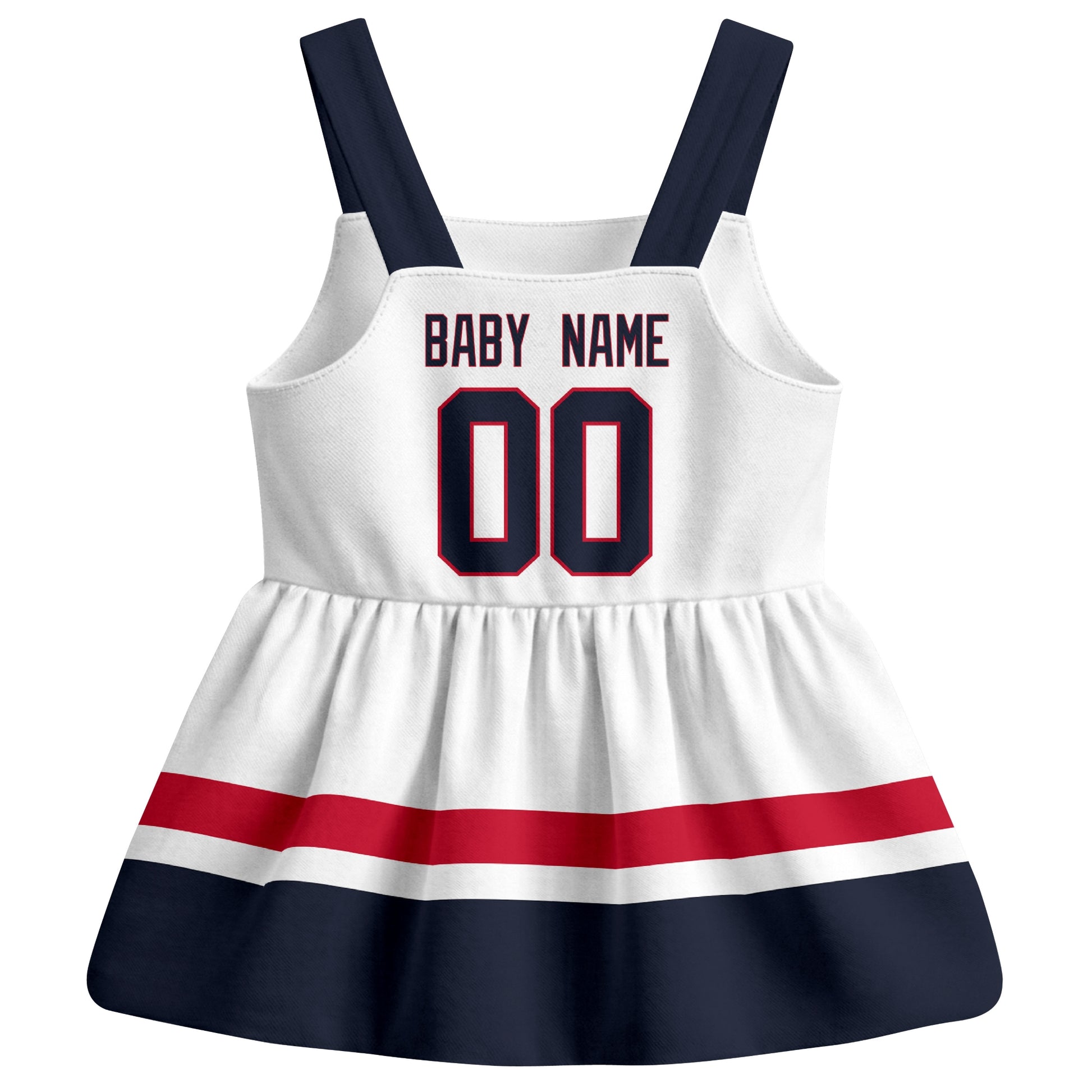 Columbus hockey baby suspender dress White style back view with custom baby name and number