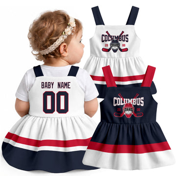 Personalized Columbus hockey baby suspender dress shown on baby with Navy and White city-color styles
